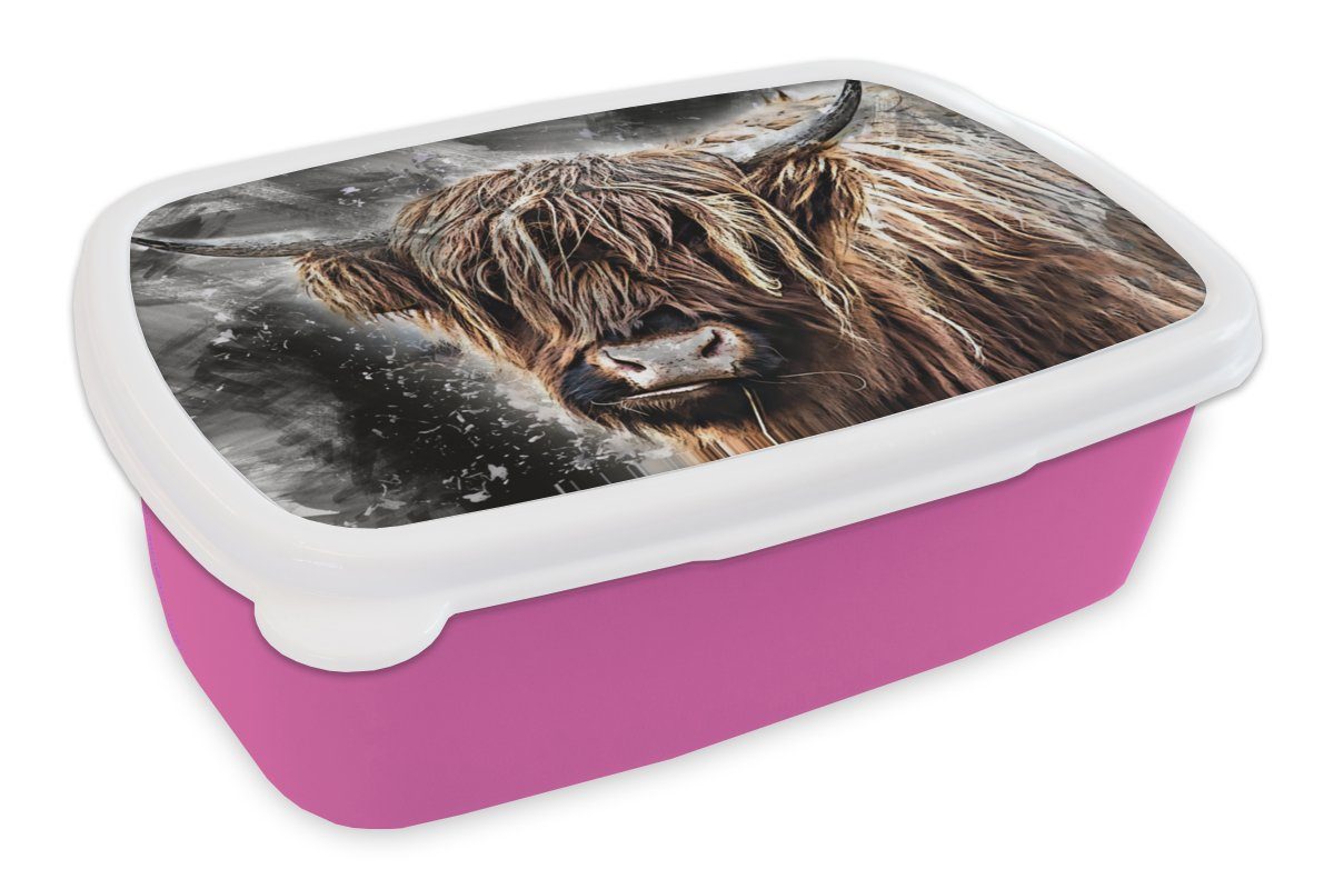 MuchoWow Lunchbox Schottischer Highlander - Farbe - Kuh, Kunststoff, (2-tlg), Brotbox für Erwachsene, Brotdose Kinder, Snackbox, Mädchen, Kunststoff rosa