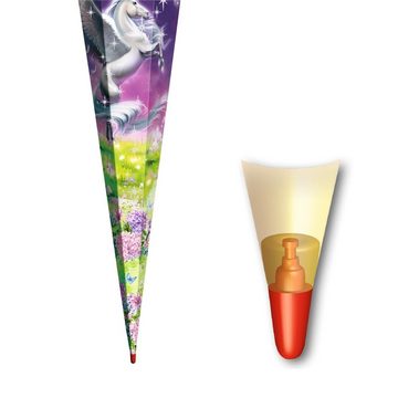 Roth Schultüte Magic Pegasus mit Glitter und Glitzerborte, 85 cm, eckig, mit lilafarbigem Tüllverschluss, Rot(h)-Spitze