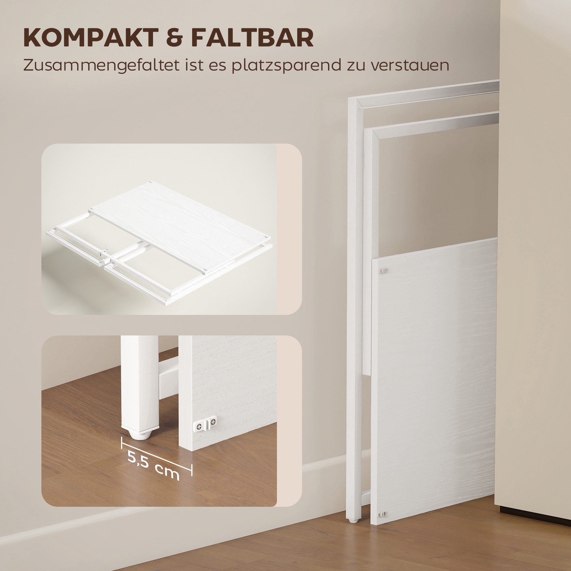 HOMCOM Schreibtisch Klapptisch Platzsparend Bürotisch mit Monitorhalterung (Klapptisch, 1-St., Klappschreibtisch), Computertisch für Home Office, Weiß – Bild 4 von 5