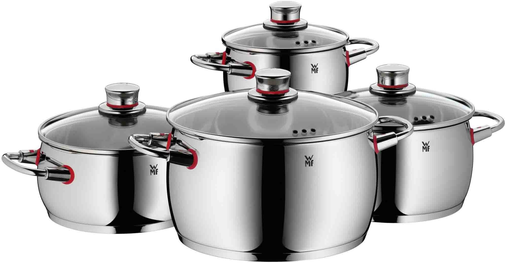 WMF Topf-Set Quality One Induktion, Kochtopf Set mit Glasdeckel, Cromargan® Edelstahl Rostfrei 18/10 (Set, 8-tlg., Bratentopf mit Deckel Ø 20 cm, Fleischtopf mit Deckel Ø 16/20/24 cm), Dampföffnung, ohne Innenskalierung, für alle Herdarten geeignet