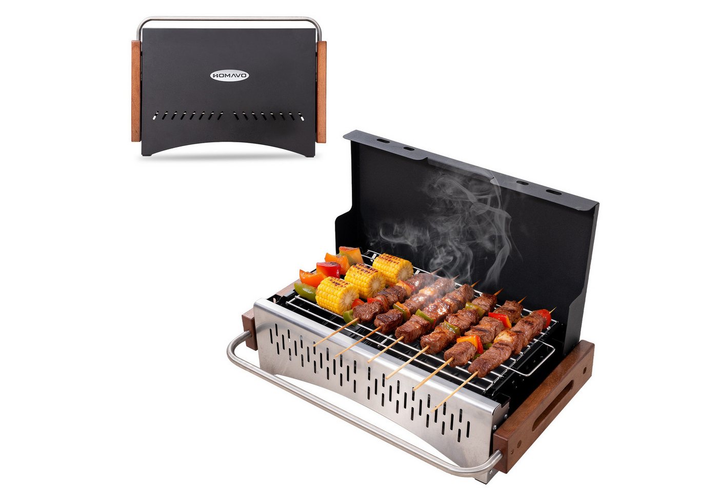 HOMAVO Holzkohlegrill Camping, tragbar & klappbar, Grillfläche: 38,15 × 20,95 cm, Optionales Grillwerkzeugset, für Camping, Picknick und Garten