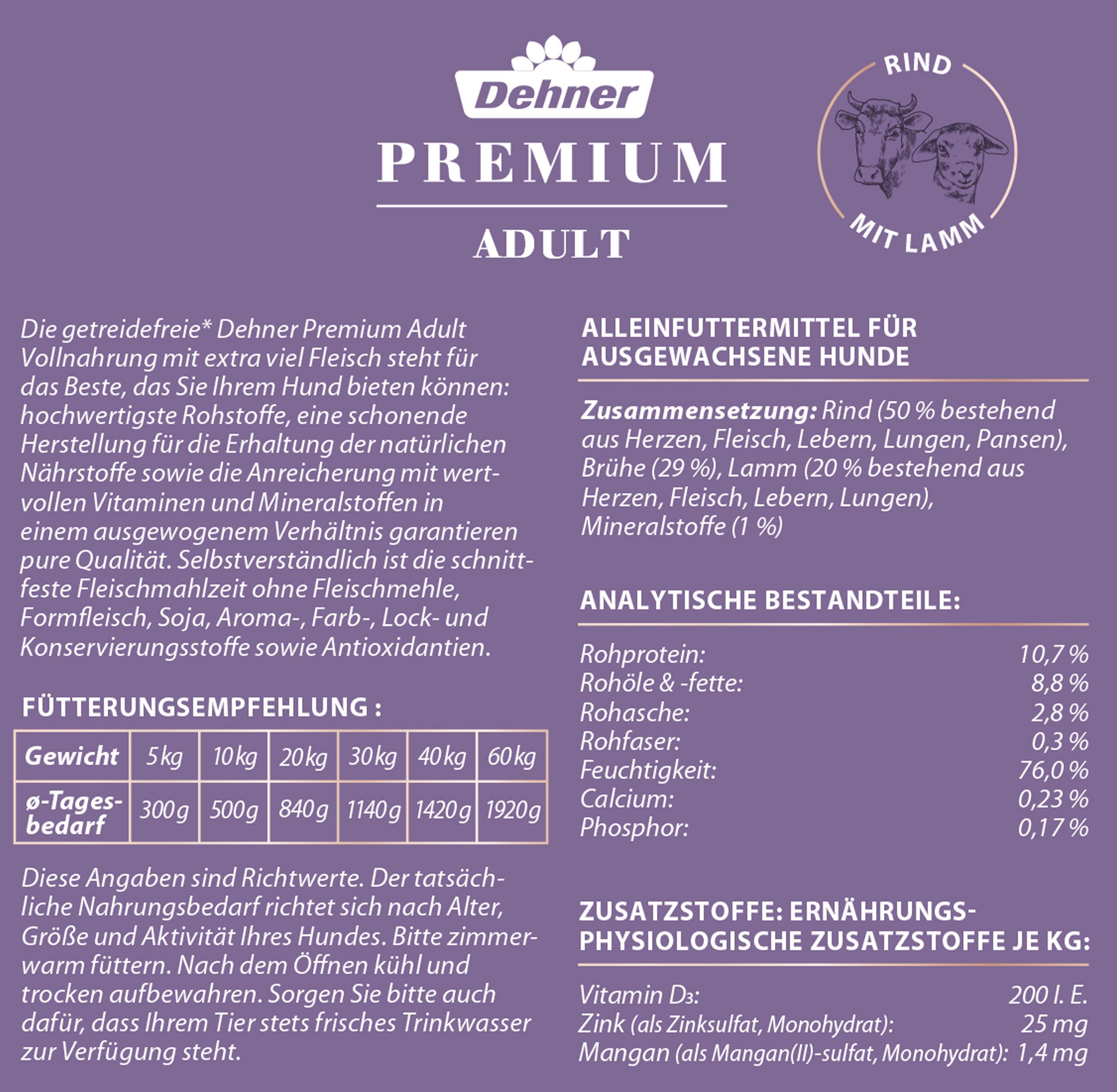 Dehner Premium Adult, versch. Sorten, 6 x 800 g Dose, getreidefrei, Nassfutter für: Hunde, Nassfutter für ausgewachsene Hunde