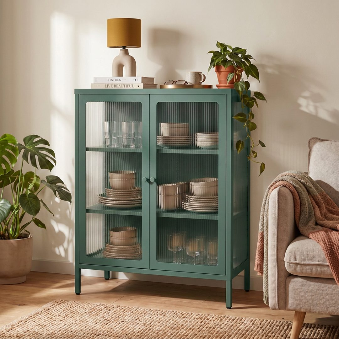 skølm Highboard Norns Vitrinenschrank mit Glastüren (dunkelgrün, bis 80 kg belastbar, kratzfest), Metallkommode mit verstellbaren Fächern, Sideboard 100x38x80 cm