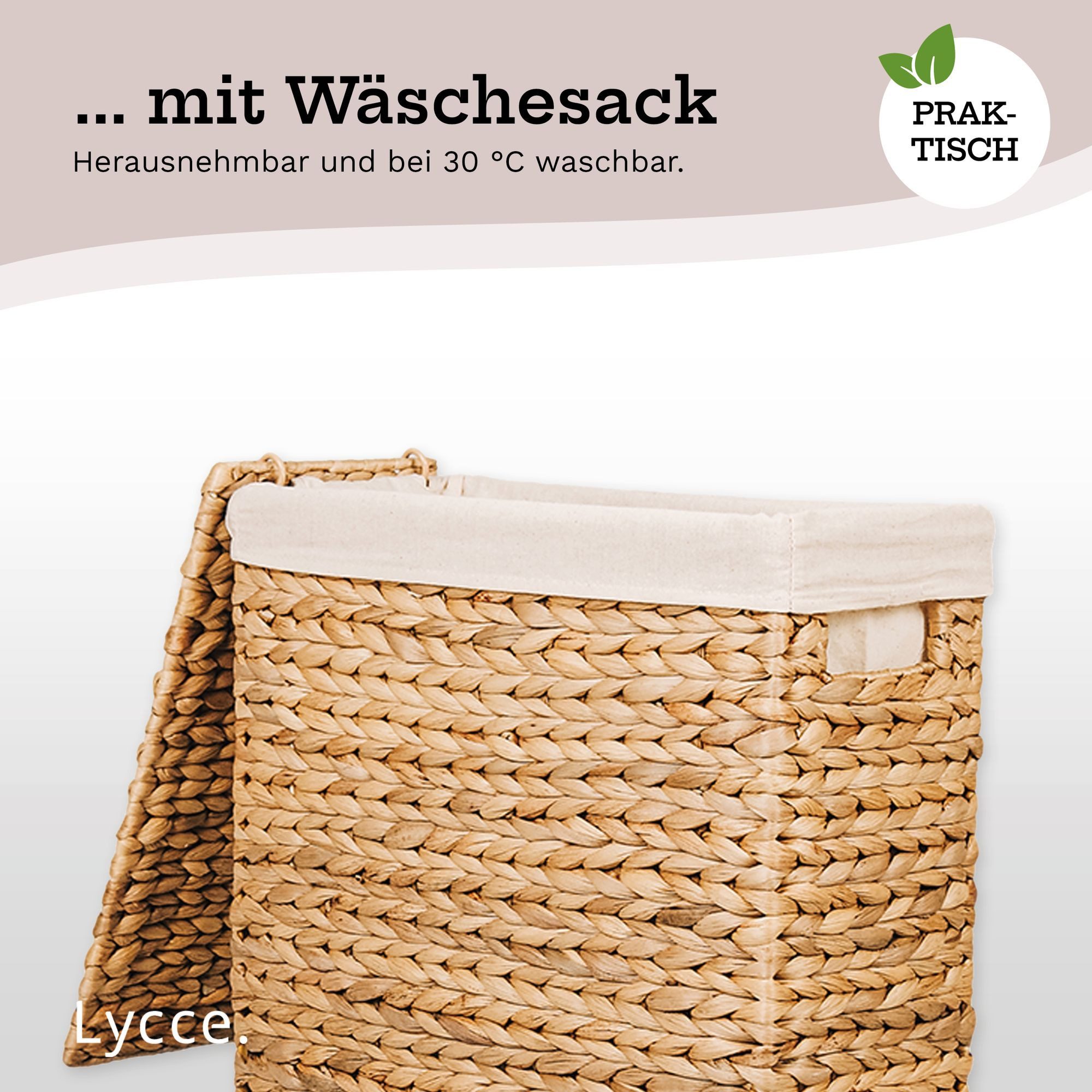 Lycce Wäschekorb Nischenwäschekorb in versch. Größen aus Wasserhyzinthe, mit Deckel, mit herausnehmbarem Wäschesack – Bild 5 von 5