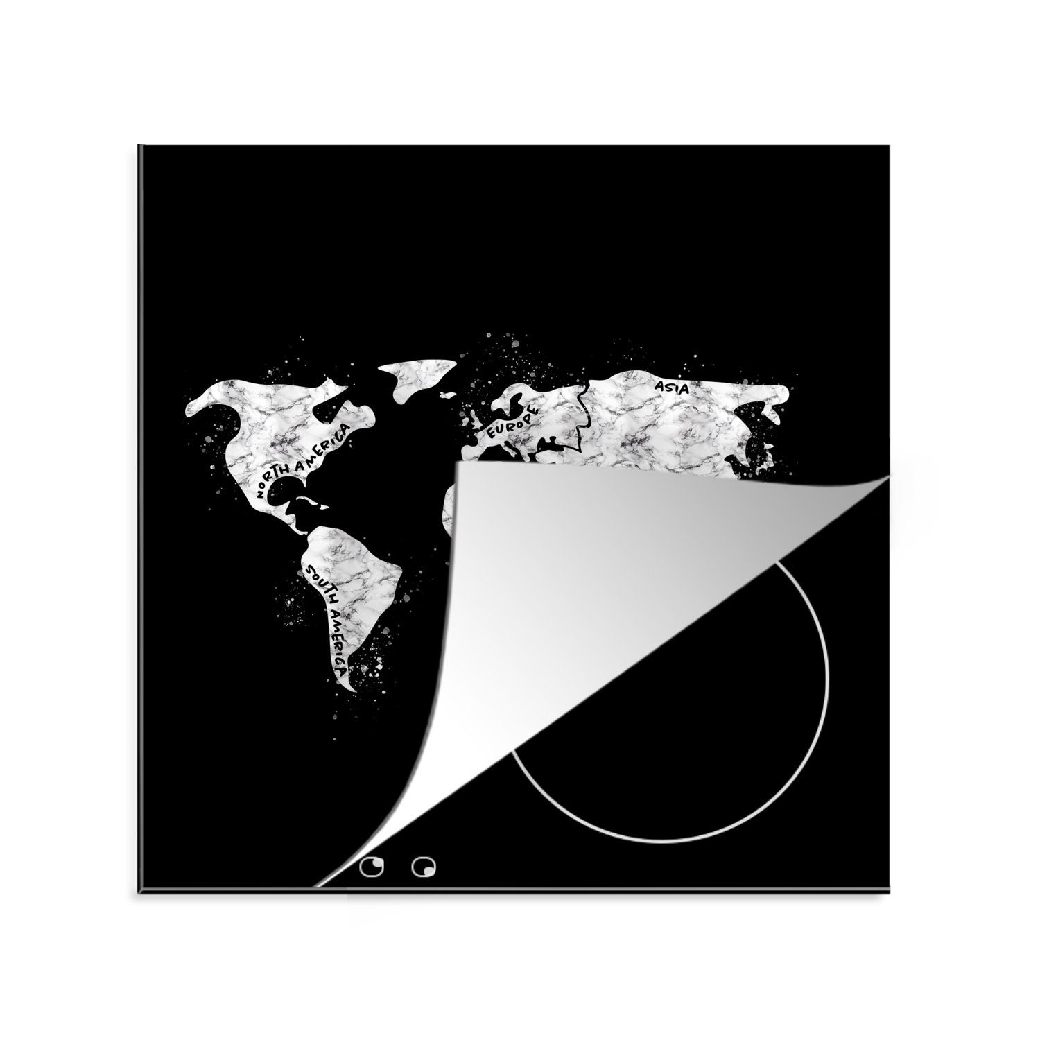 Weltkarte küche Weiß, Herdblende-/Abdeckplatte - MuchoWow cm, für Arbeitsplatte Schwarz Vinyl, Ceranfeldabdeckung, Marmor - (1 - 78x78 tlg),