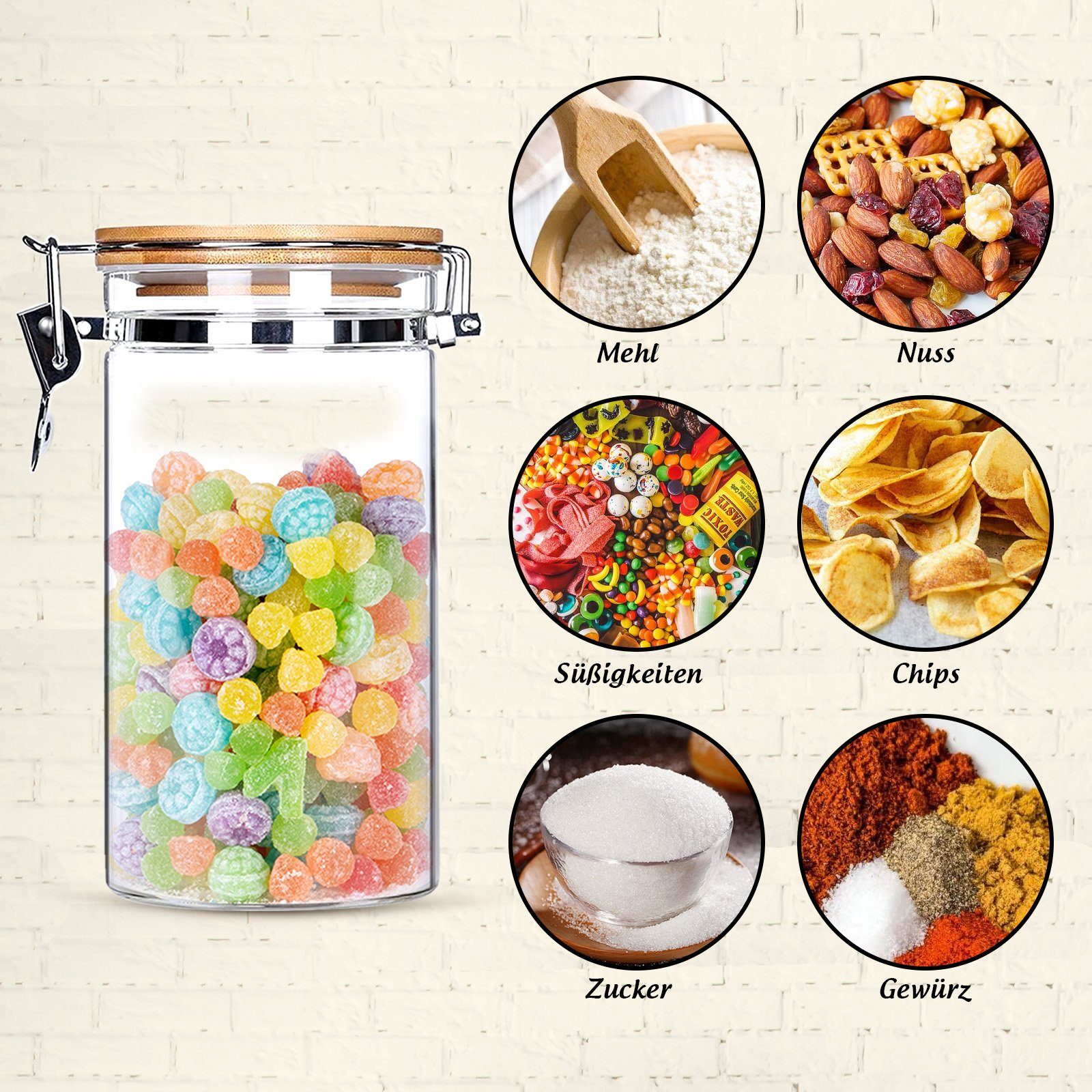 Homewit Einmachglas Vorratsdosen, 4-tlg), für Lebensmittel Vorratsglas mit 1,2 Drahtbügelverschluss L Frischhaltendosen (Set, Konservierung Aufbewahrungsgläser Luftdichtes