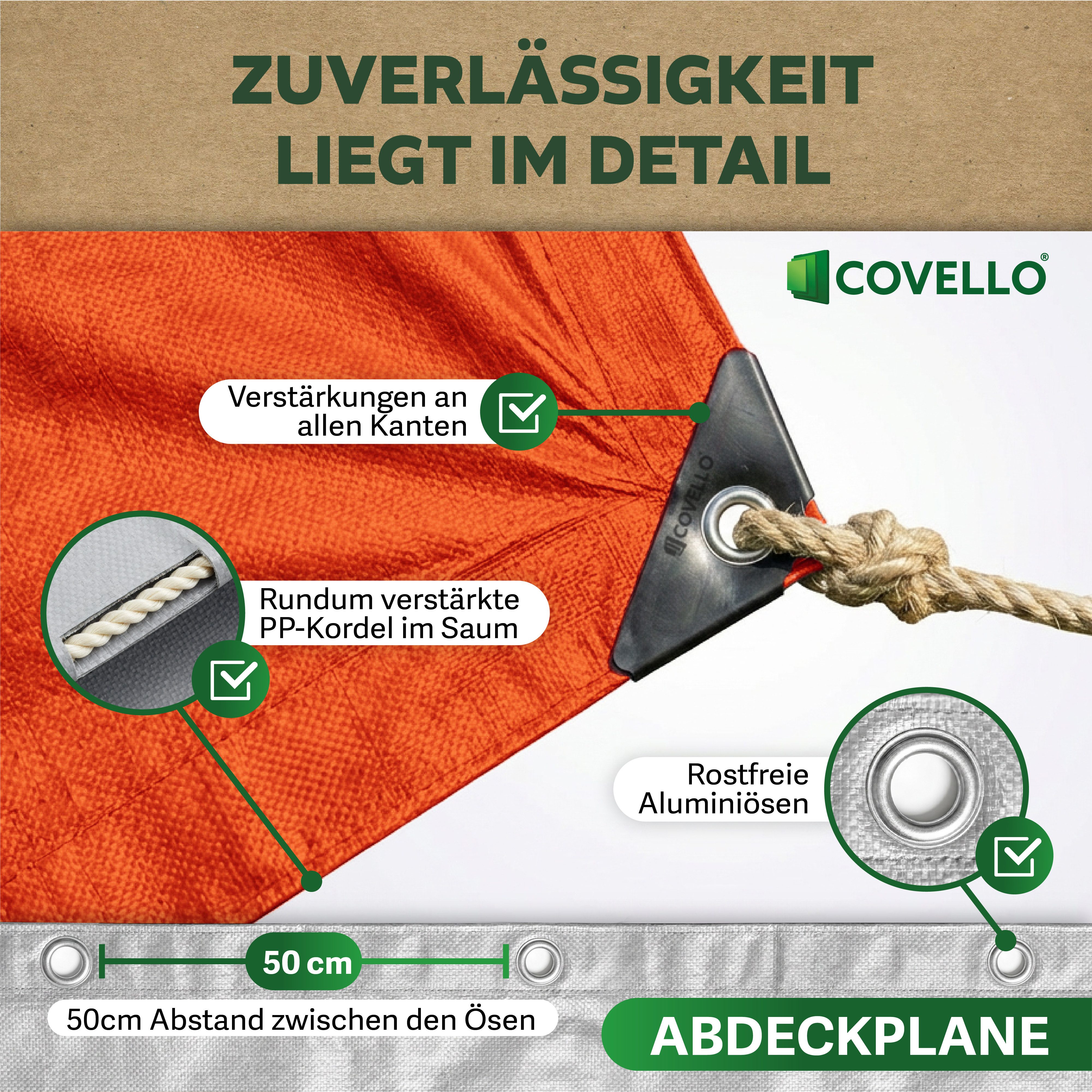 Covello Schutzplane 180g/m² orange, Abdeckplane mit Ösen wasserdicht, Plane UV-stabilisiert in vielen verschiedenen Farben & Größen