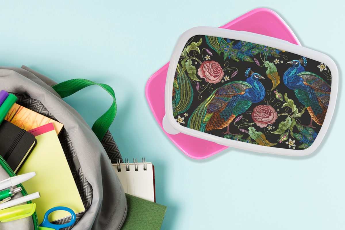 MuchoWow Lunchbox Stickereidruck - rosa Rosen, Pfau (2-tlg), Erwachsene, für Mädchen, Snackbox, Blumen Kunststoff Kinder, Brotdose - Kunststoff, - Brotbox