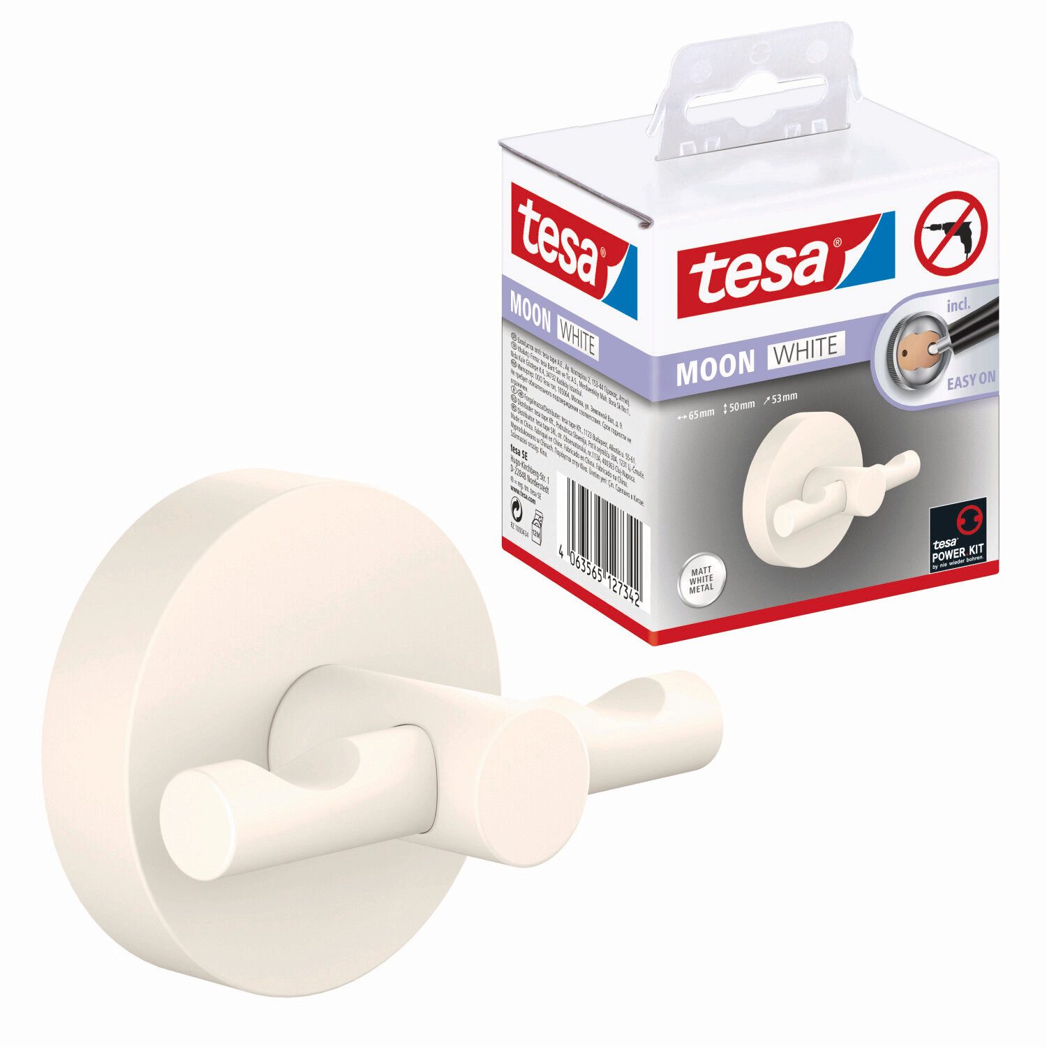 tesa Handtuchhaken MOON Bademantelhaken ohne Bohren - 5 cm : 6,5 cm : 5,3 cm, Badezimmer, Gäste-WC, Wandmontage, (Packung, 1-St., inkl. Klebelösung), selbstklebende Handtuchhalterung - weiß