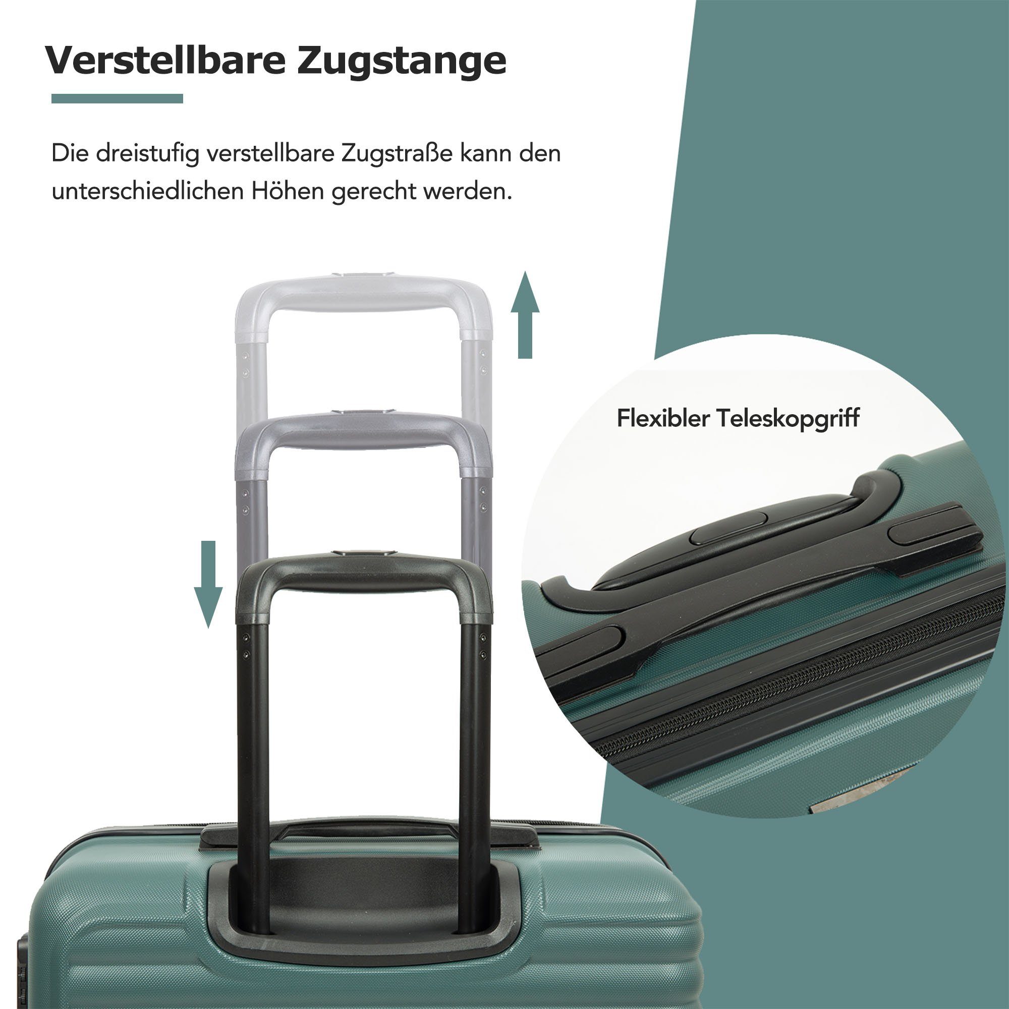 Ulife Trolleyset Kofferset-Reisekoffer, ABS-Material, mit 4 Dunkelgrün Set), Zollschloss TSA tlg., Rollen, 3 (Set, Hartschalen-Trolley
