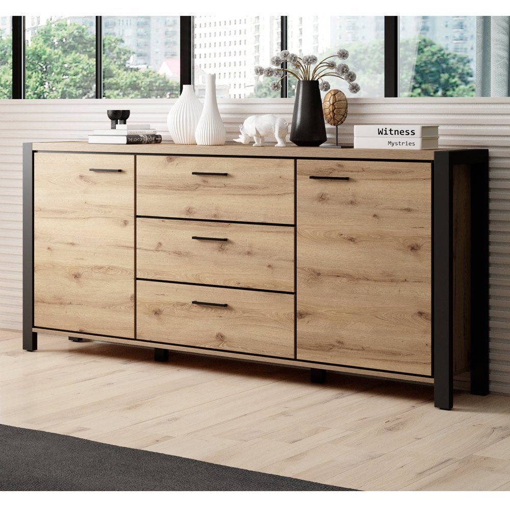 Lomadox Sideboard ACCRA-83, Taurus Eiche Nb. und schwarzem Gestell 180/91/41 cm