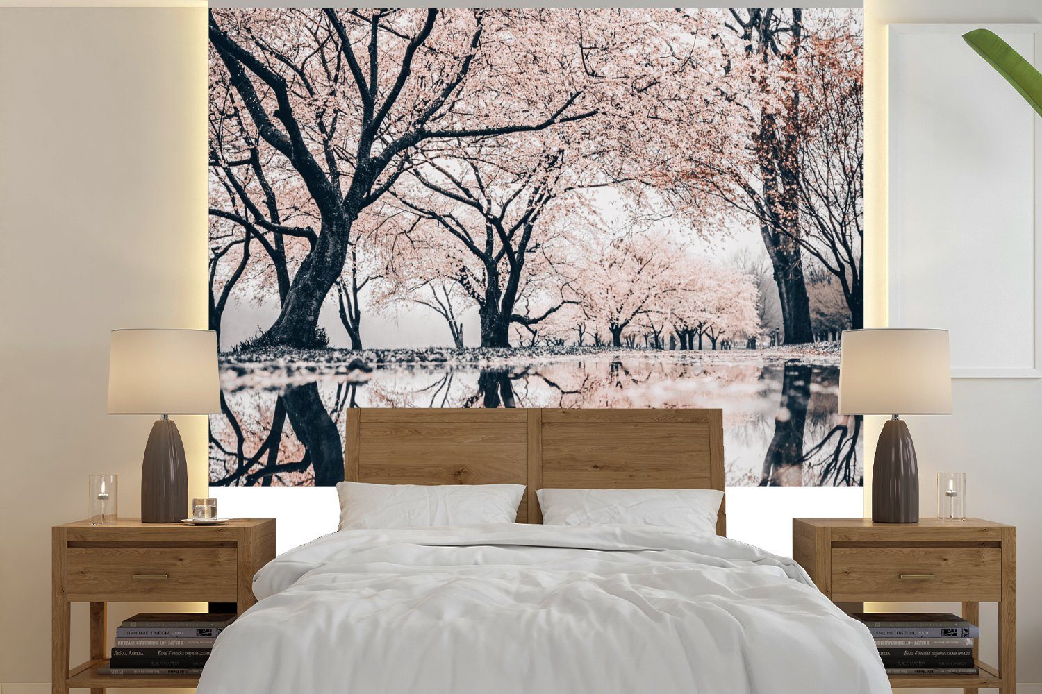 MuchoWow Fototapete Japan - Sakura - Frühling - Rosa, Matt, bedruckt, (5 St), Vinyl Tapete für Wohnzimmer oder Schlafzimmer, Wandtapete