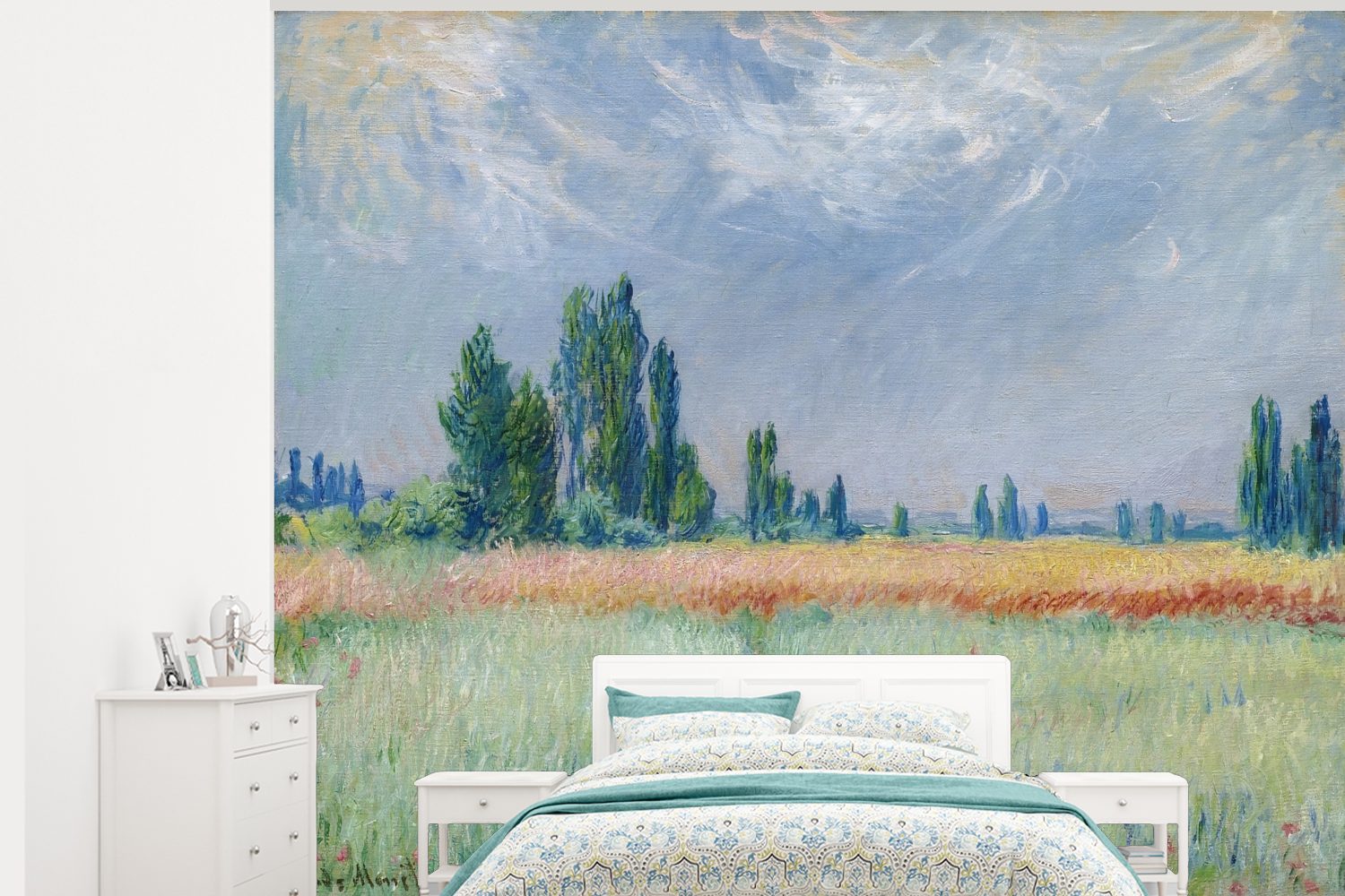 MuchoWow Fototapete Das Weizenfeld - Gemälde von Claude Monet, Matt, bedruckt, (5 St), Montagefertig Vinyl Tapete für Wohnzimmer, Wandtapete