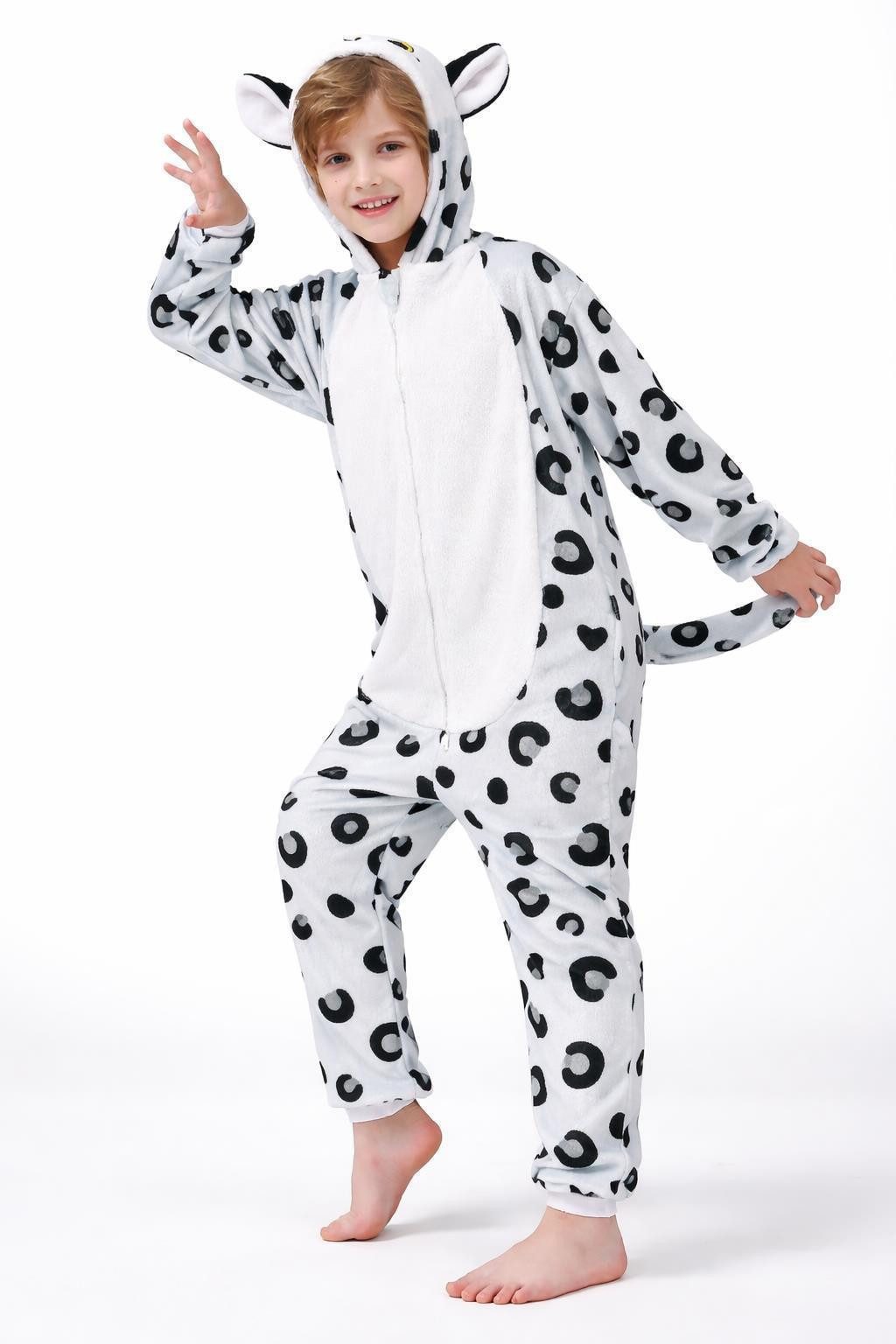 Corimori Jumpsuit Flauschiges Schneeleopard-Kostüm für Kinder, Karneval Fasching Kostüm (2-tlg) Jumpsuit, Pyjama, Fasching, Kigurumi, …