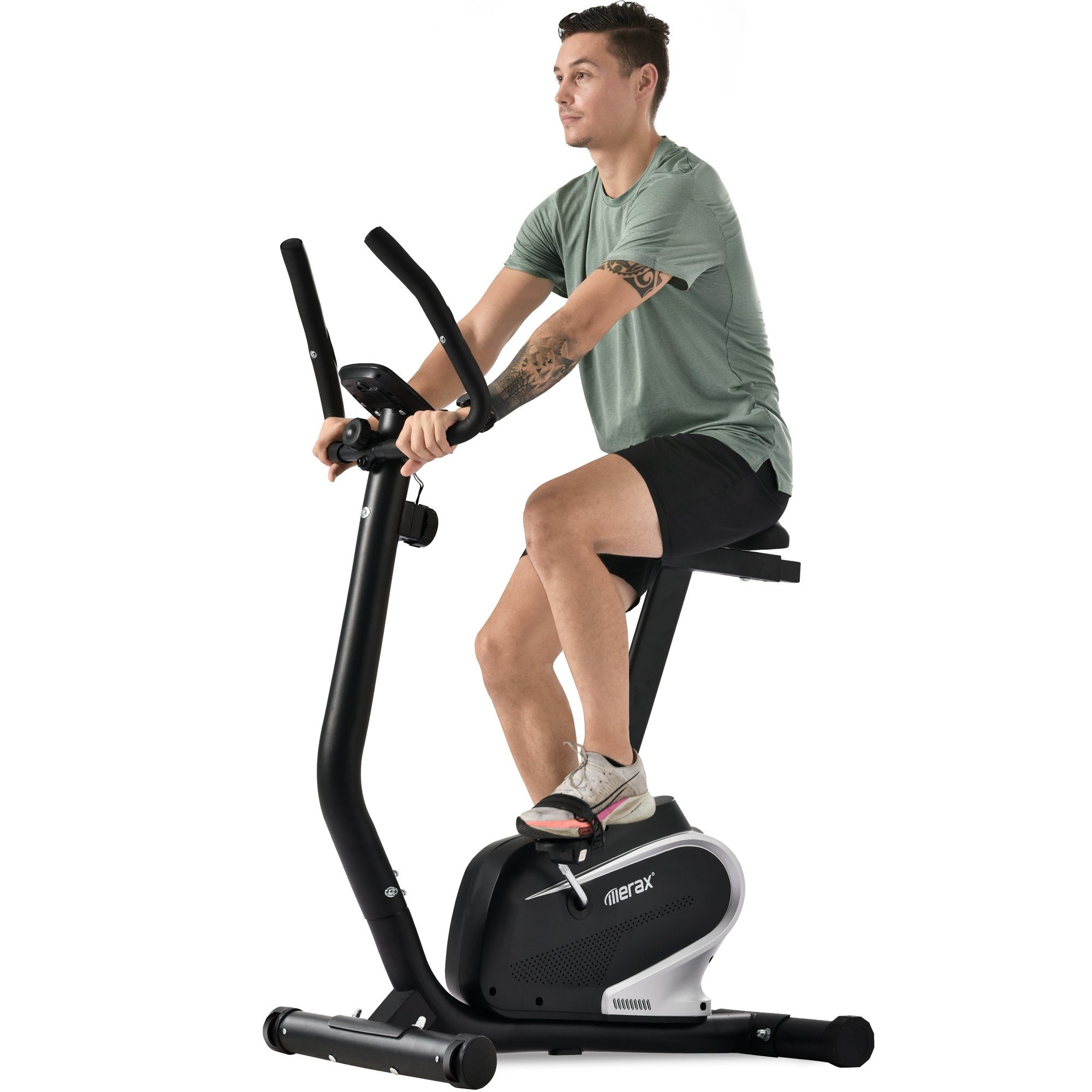 Merax Fahrradtrainer Heimtrainer mit 8 Widerstandstufen und verstellbarer  Sitz, Fitnessbike mit Pulssensor und LCD Display