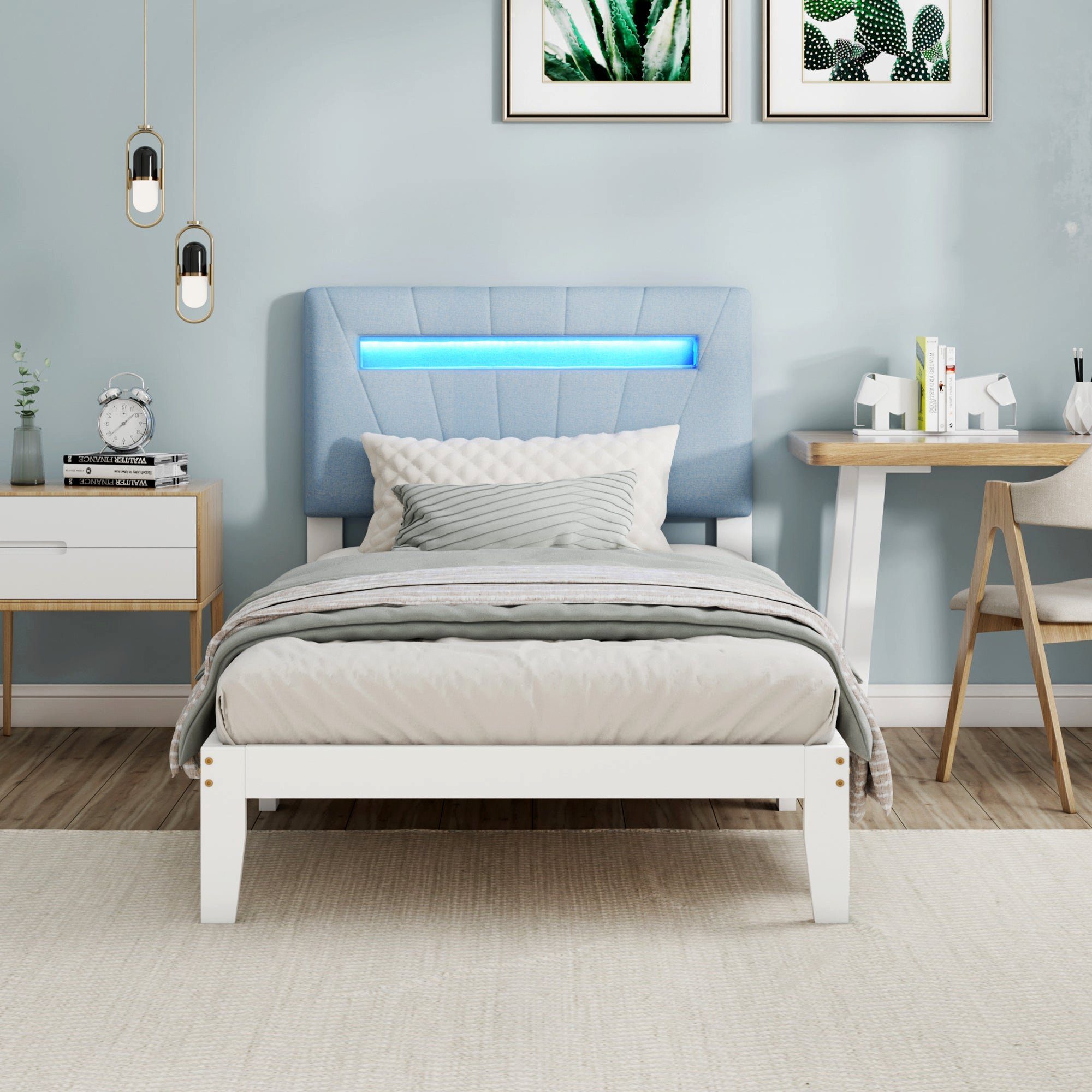 BUMHUM Bett Holzbett Einzelbett Polster Kopfteil mit LED-Lichtleiste in (7  Farben Jugendbett Erwachsenenbett Rahmen aus Kiefer), Weiß (90x200cm)