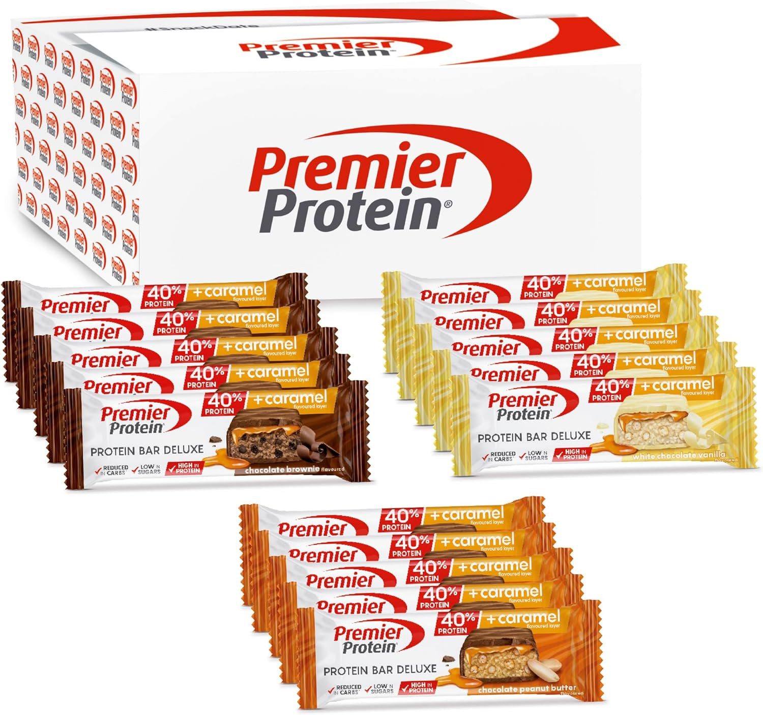 Premier Protein 15 x 50g 3 SORTEN Deluxe Proteinriegel Multiflavourbox Riegel, 15 er 15 St., 750 g
