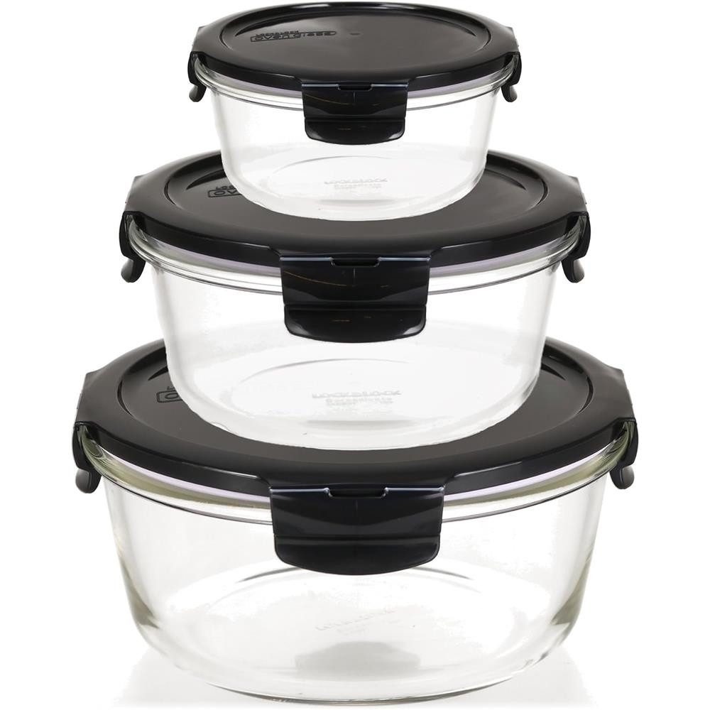 LocknLock Vorratsdose Glas Frischhaltedosen 3er Set 130 ml, 650 ml, 950 ml, Ofenform mit Deckel, mikrowellengeeignet, auslaufsicher