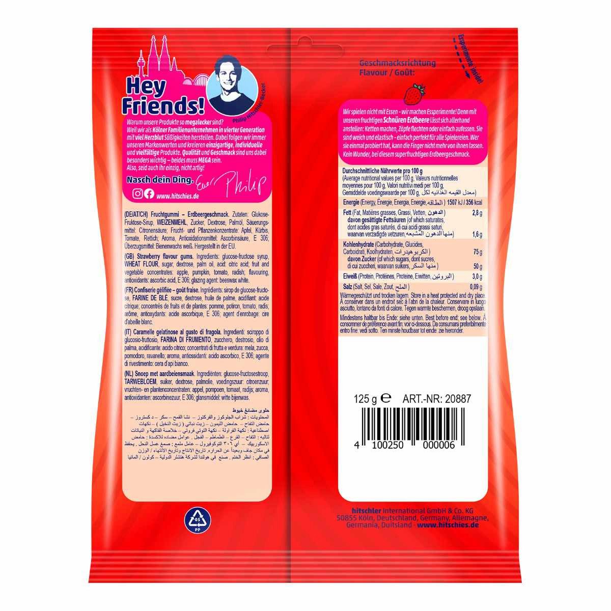hitschies Süßigkeit, Hitschies Erdbeer Schnüre fruchtige Schnüre mit Erdbeergeschmack 125g