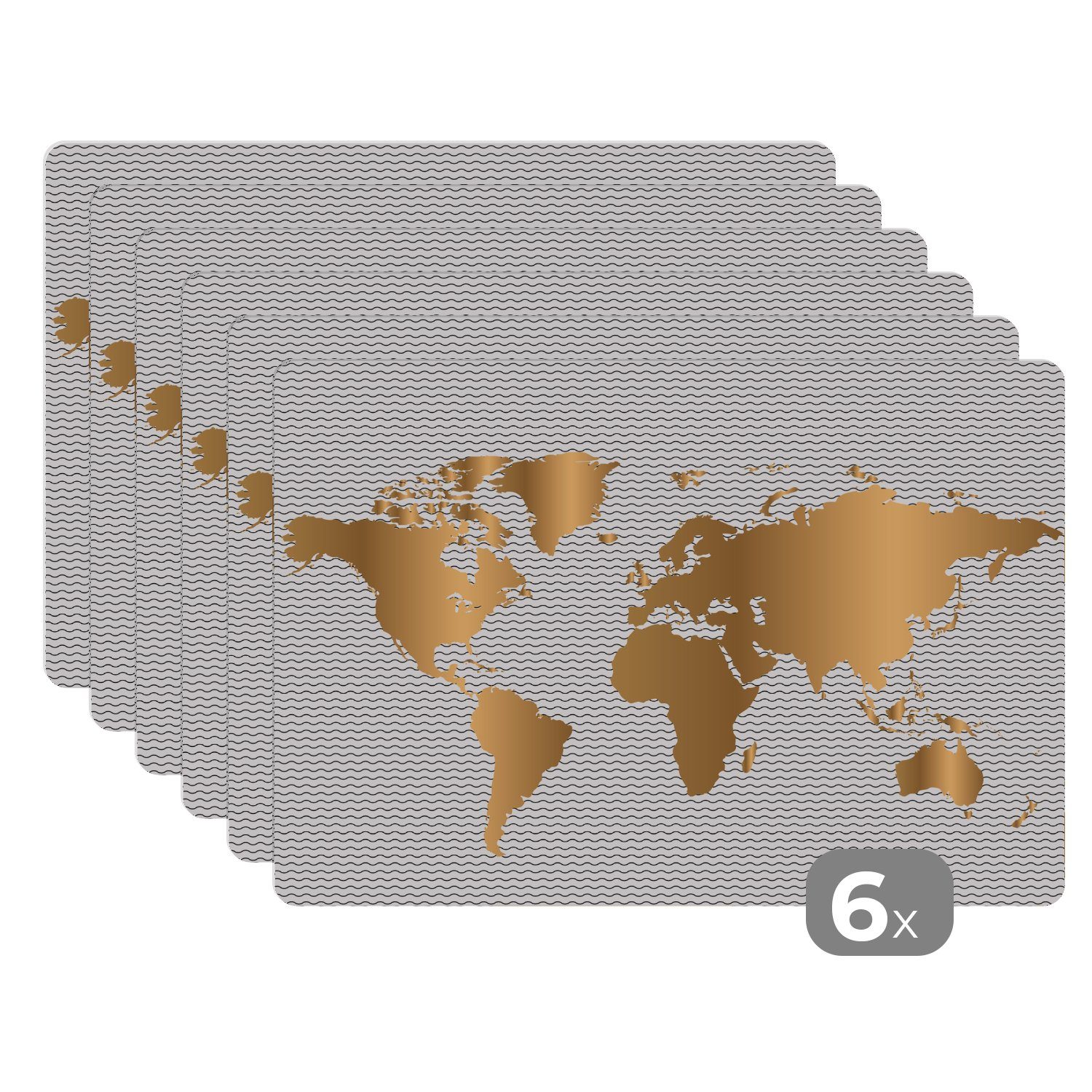 Platzmatte, (6-St), - Weltkarte - Schmutzabweisend Platzset, Gold Platzdecken, MuchoWow, Platzset, Wellen, Tischmatten,