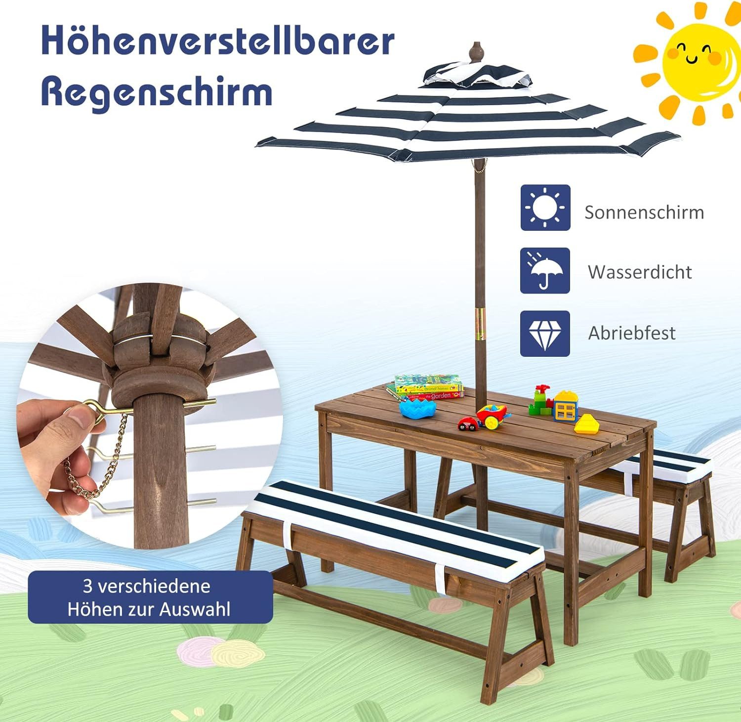 KOMFOTTEU Garten-Kindersitzgruppe Kindermöbelset, 3-Fach Höhenverstellbarer Sonnenschirm