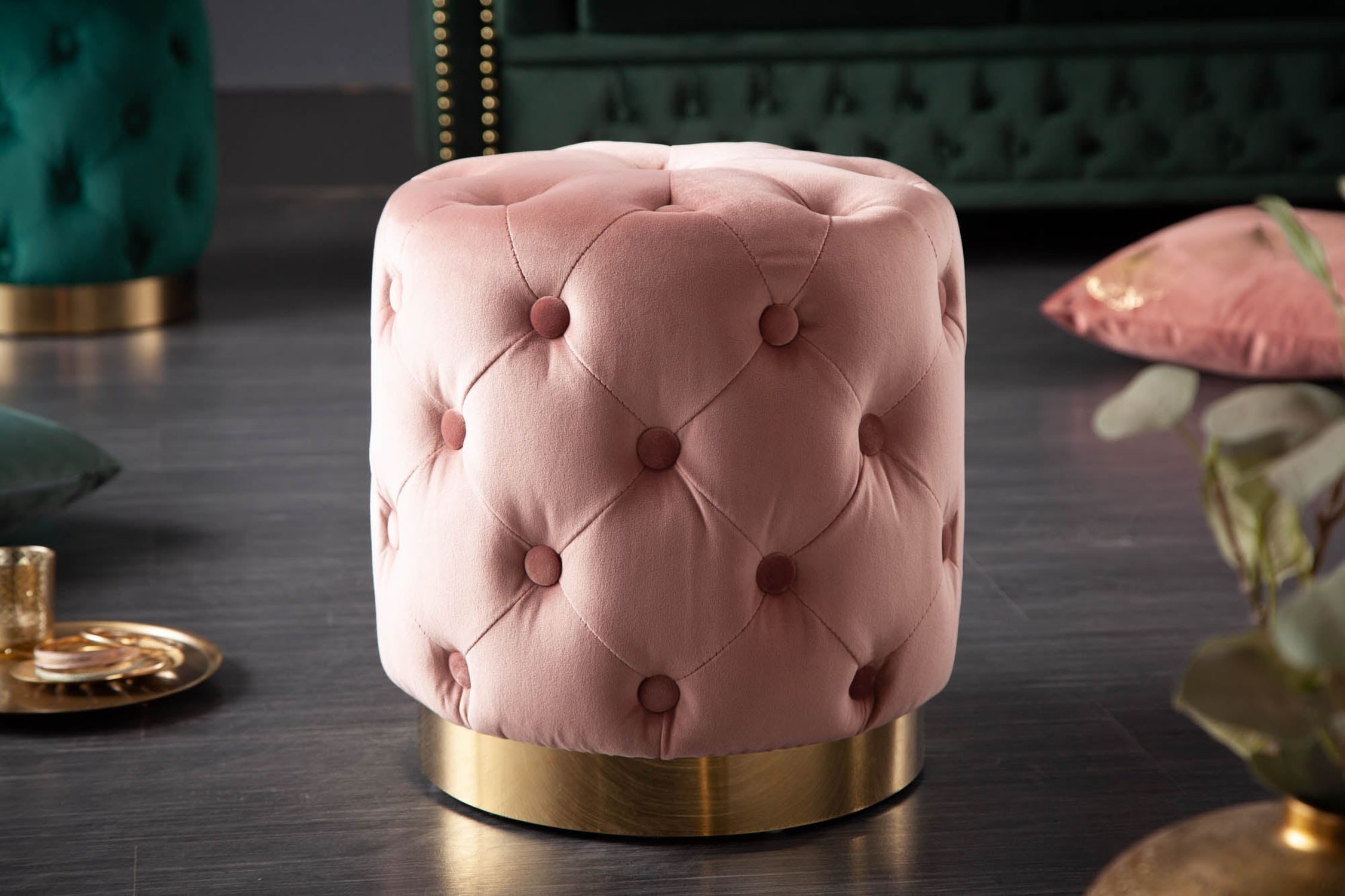 Licht-Erlebnisse Hocker LAURA, Samt Metall Ø 37 cm H: 38 cm klein Rosa Gold Chesterfield Pouf Hocker