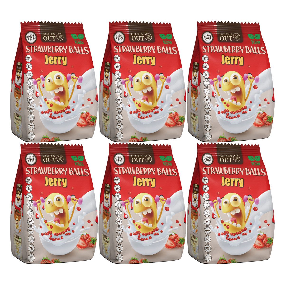 Nerano Cerealien, Nerano Strawberry Balls Jerry Frühstücksgetreide vegan 375g 6er Pack