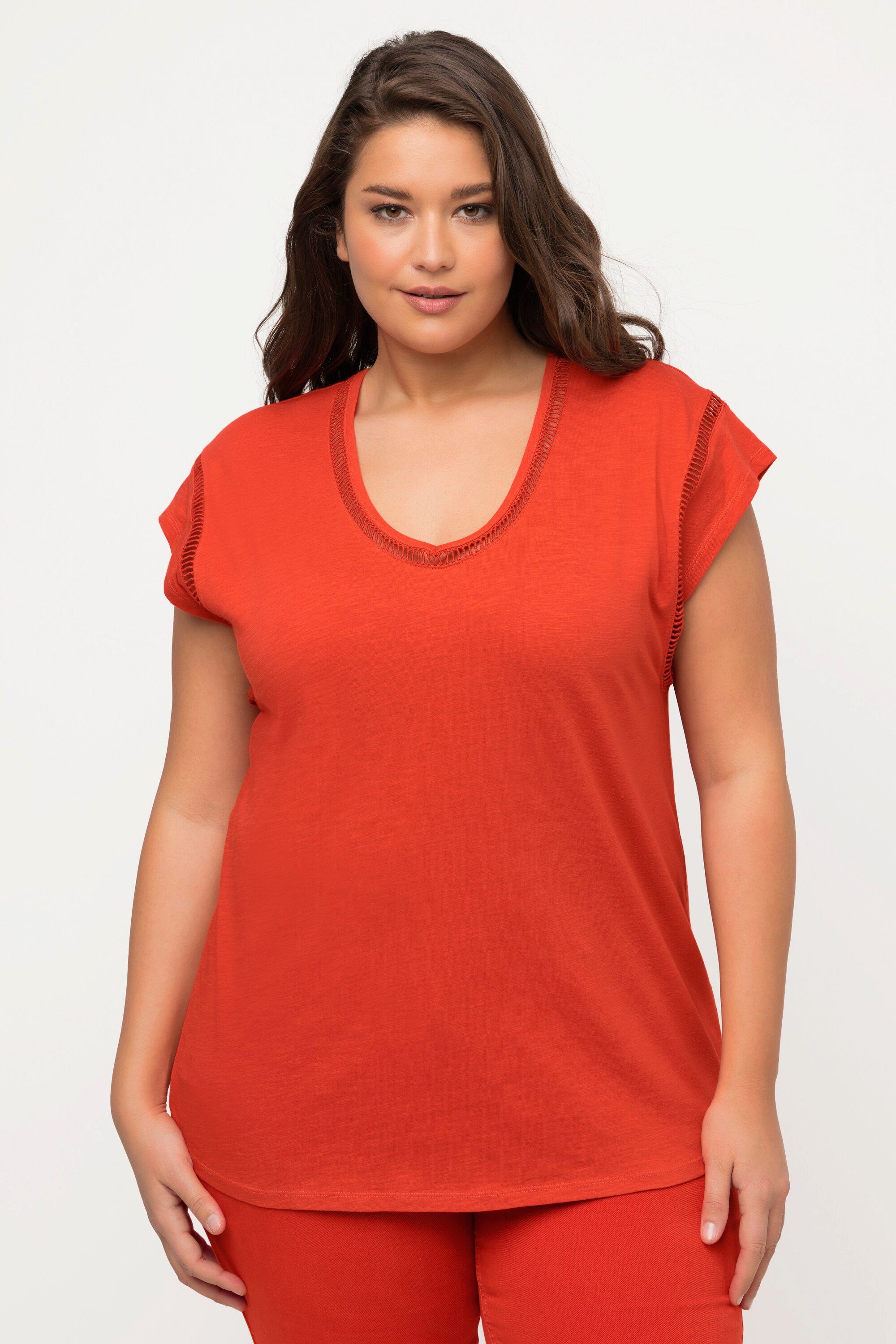 Ulla Popken Rundhalsshirt T-Shirt Oversized V-Ausschnitt Halbarm dunkelorange