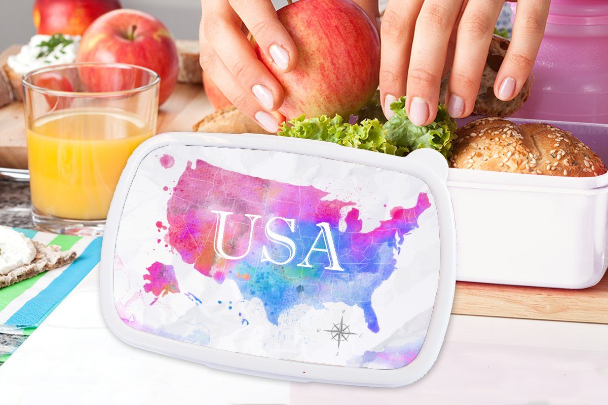 Weltkarte Aquarell Brotbox Vereinigte Kinder - Kunststoff, Staaten, und weiß Jungs - Lunchbox Brotdose, für (2-tlg), Erwachsene, für MuchoWow Mädchen und