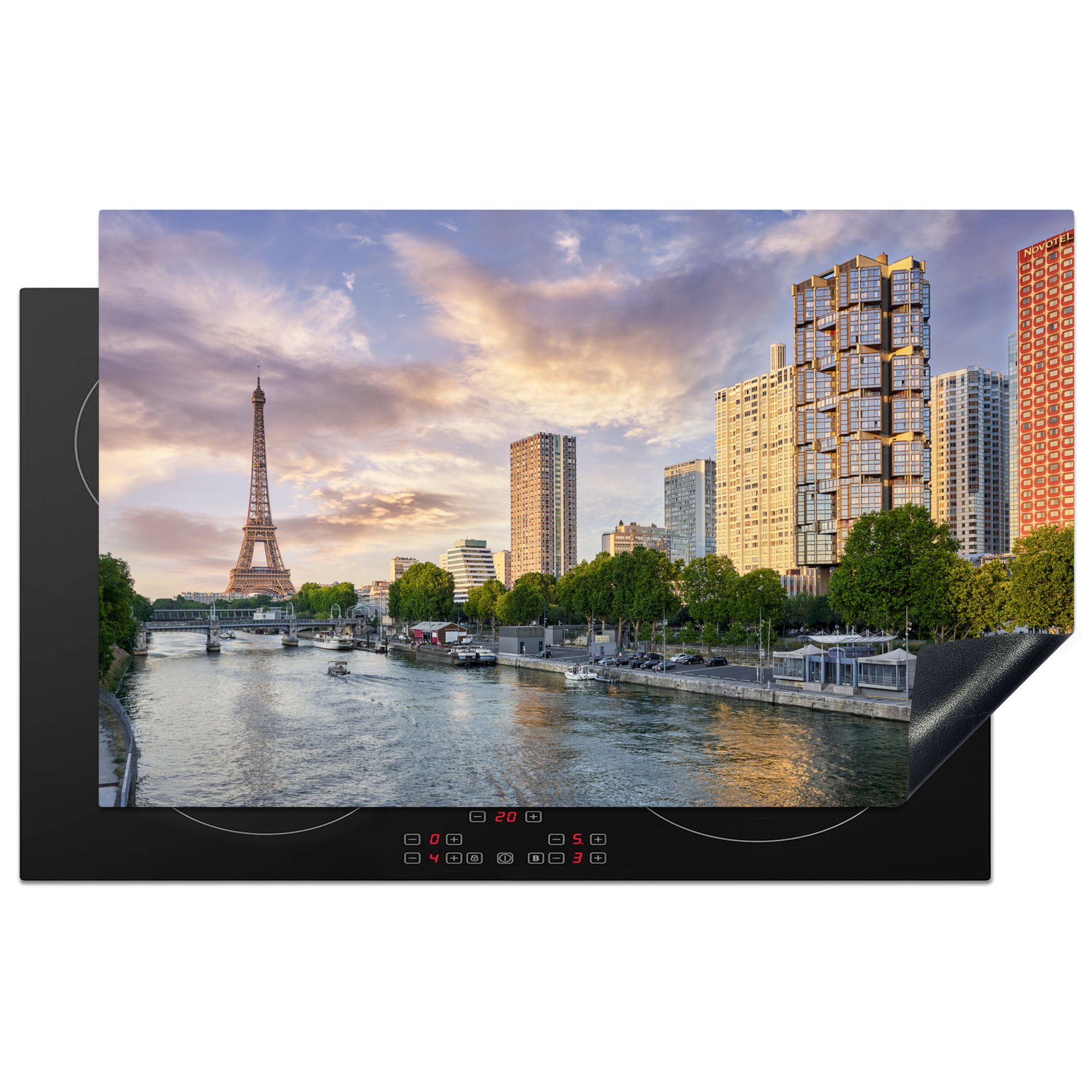 MuchoWow Herdblende-/Abdeckplatte Skyline von Paris mit dem Eiffelturm und der Seine, Vinyl, (1 tlg), 83x51 cm, Ceranfeldabdeckung, Arbeitsplatte für küche