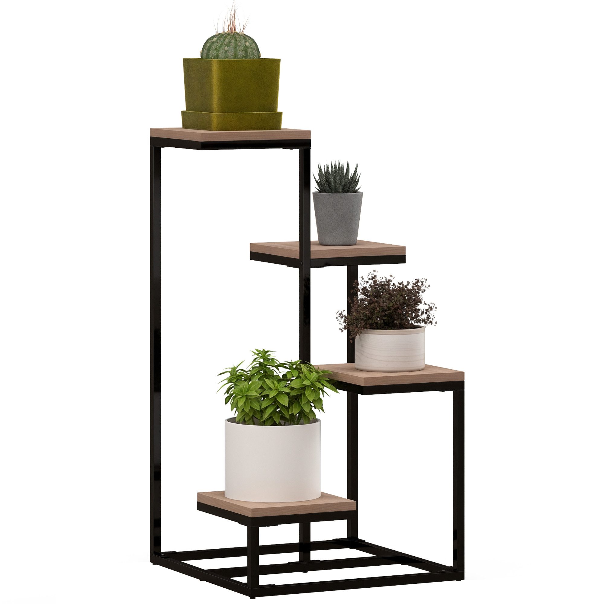 Nettlife Blumenständer Holz Metall 4 Etagen verschiedenen Höhen IndustrieStil Pflanzenregal, für Balkon Terrasse Aufbewahrung von Spielzeug oder Dekoartikeln