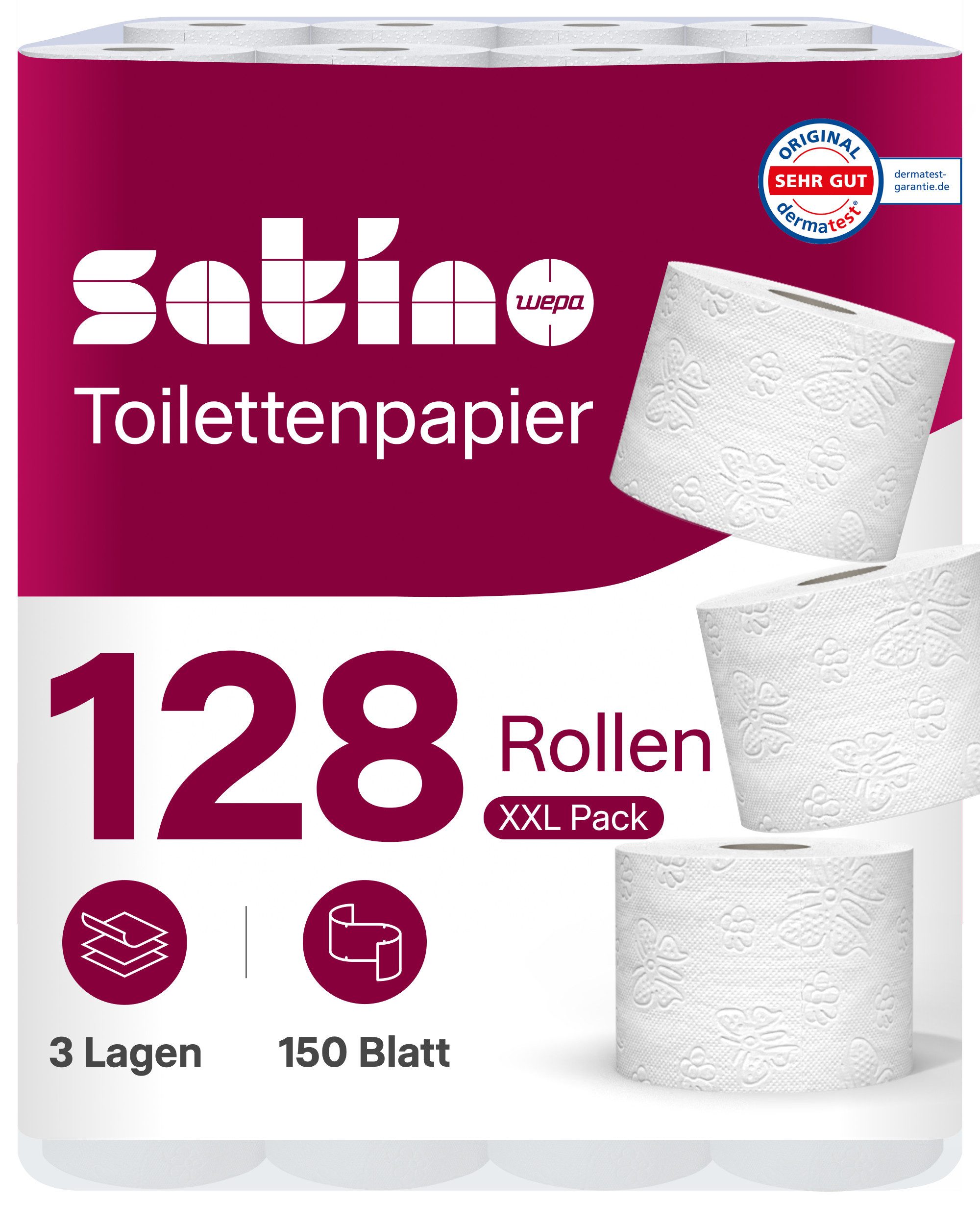 Satino Toilettenpapier 3-lagig - 128 Rollen (128-St. 128 Rollen á 150 Blatt)