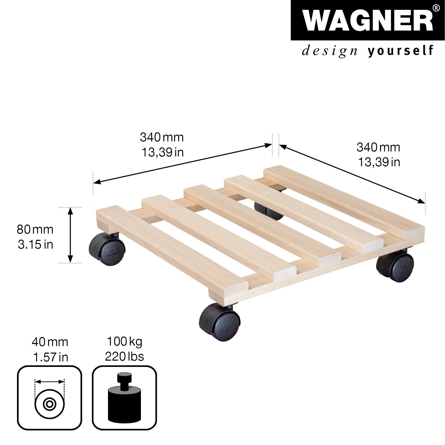 WAGNER design yourself Pflanzenroller PALETTI in diversen Größen I für Innenbereich I rund & eckig I softe & harte Rollen, aus FSC® Massivholz Buche, natur I Tragkraft 100 kg I Made in EU
