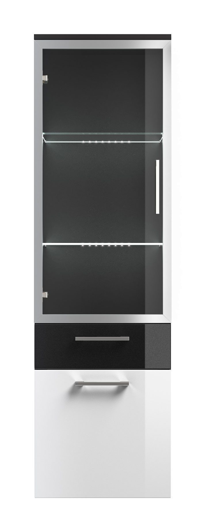 Magnolia Home Badmöbel-Set Hochschrank Rima 135 cm mit Glastür Weiss hochglanz/Grafit hochglanz, Soft-Close