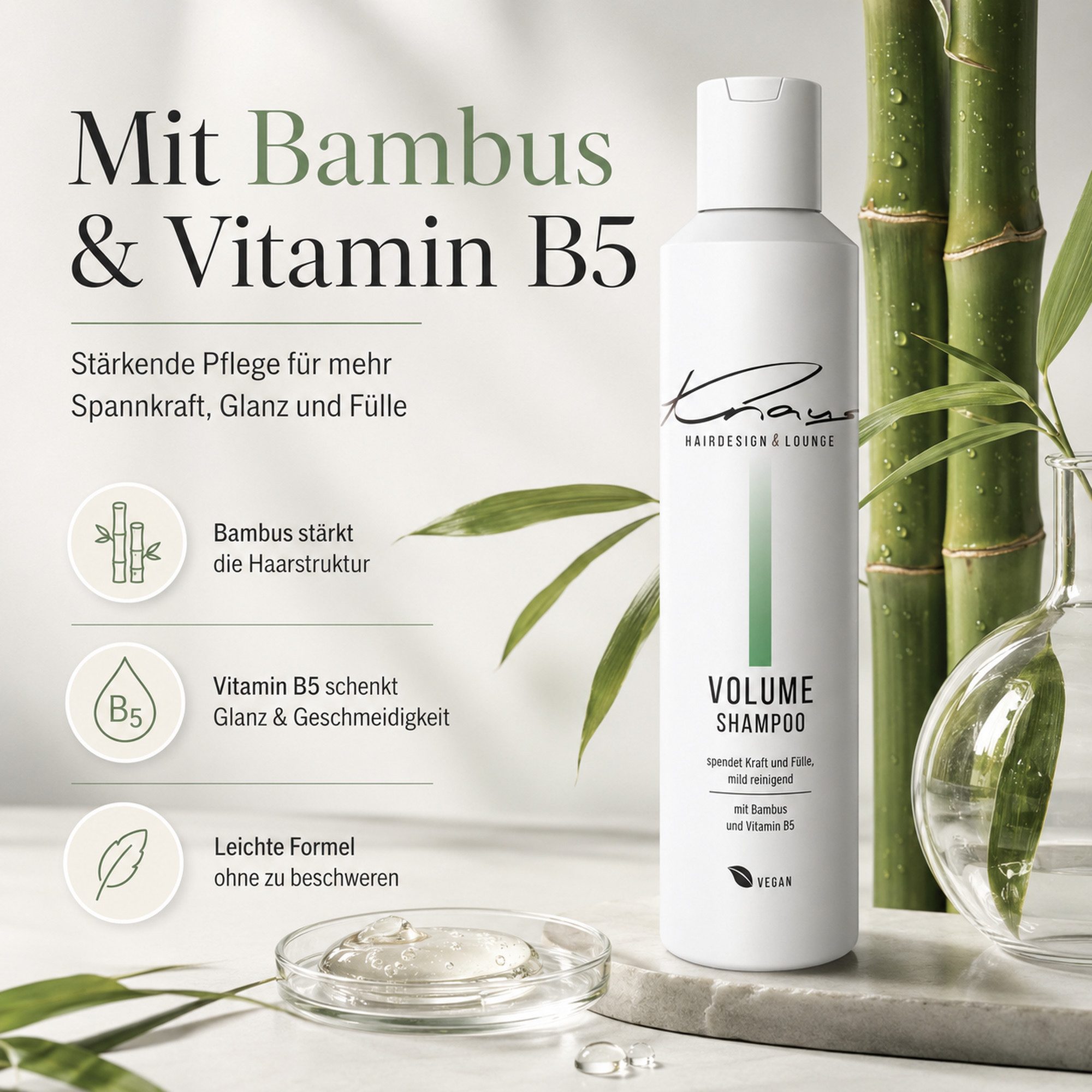 Knaus Hairdesign Haarshampoo VOLUME Fülle und Volumen für feines dünnes Haar B5, mit Bambus und Vitamin B5