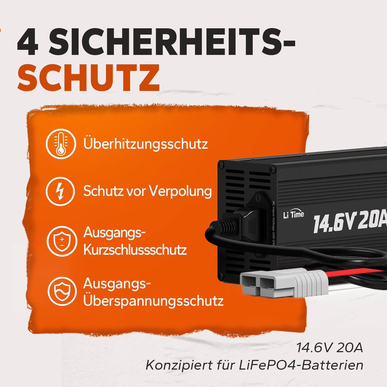 LiTime LiTime 14.6V 20A Lithium Batterieladegerät Akku-Set (14.6 V, 1 St), Geeignet für LiTime 12V LiFePO4 Lithium Batterie