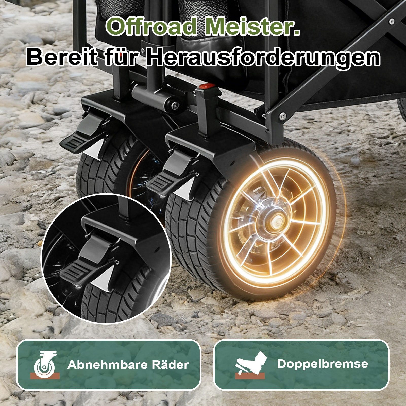 FOXSPORT Bollerwagen faltbar, Handwagen, Transportwagen, Strandbuggy (Packung), breites Geländepanzerrad, max. 100 kg, Vorder- & Hinterbremse