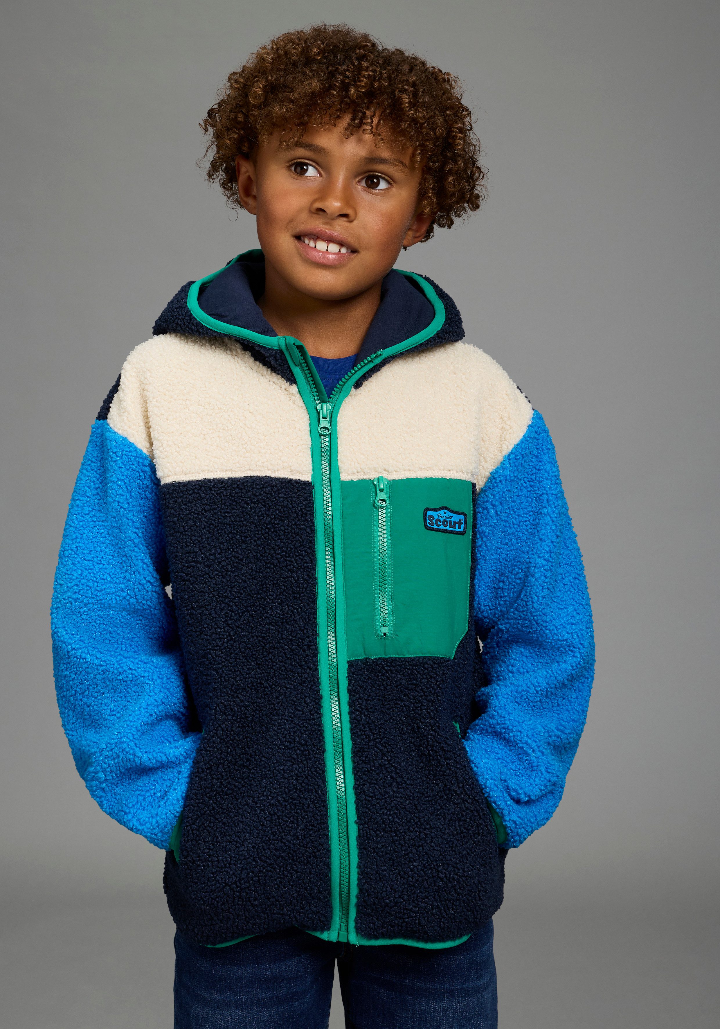 Scout Kapuzensweatjacke Tedey-Fleecejacke Colorblocking - NEU von SCOUT mit Kapuze und Stehkragen, für Jungen, hüftlanger Schnitt