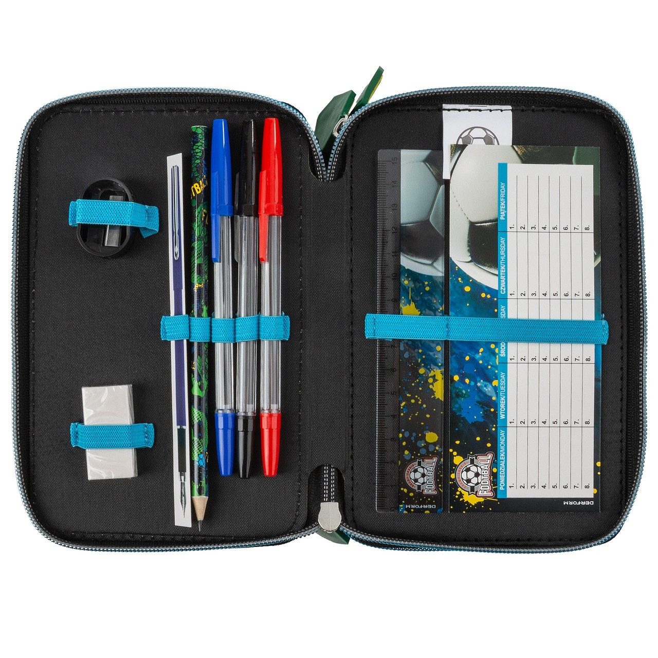 DERFORM Federtasche Fussball 3 Fach Federtasche gefüllt Federmäppchen Federmappe, (43-tlg)