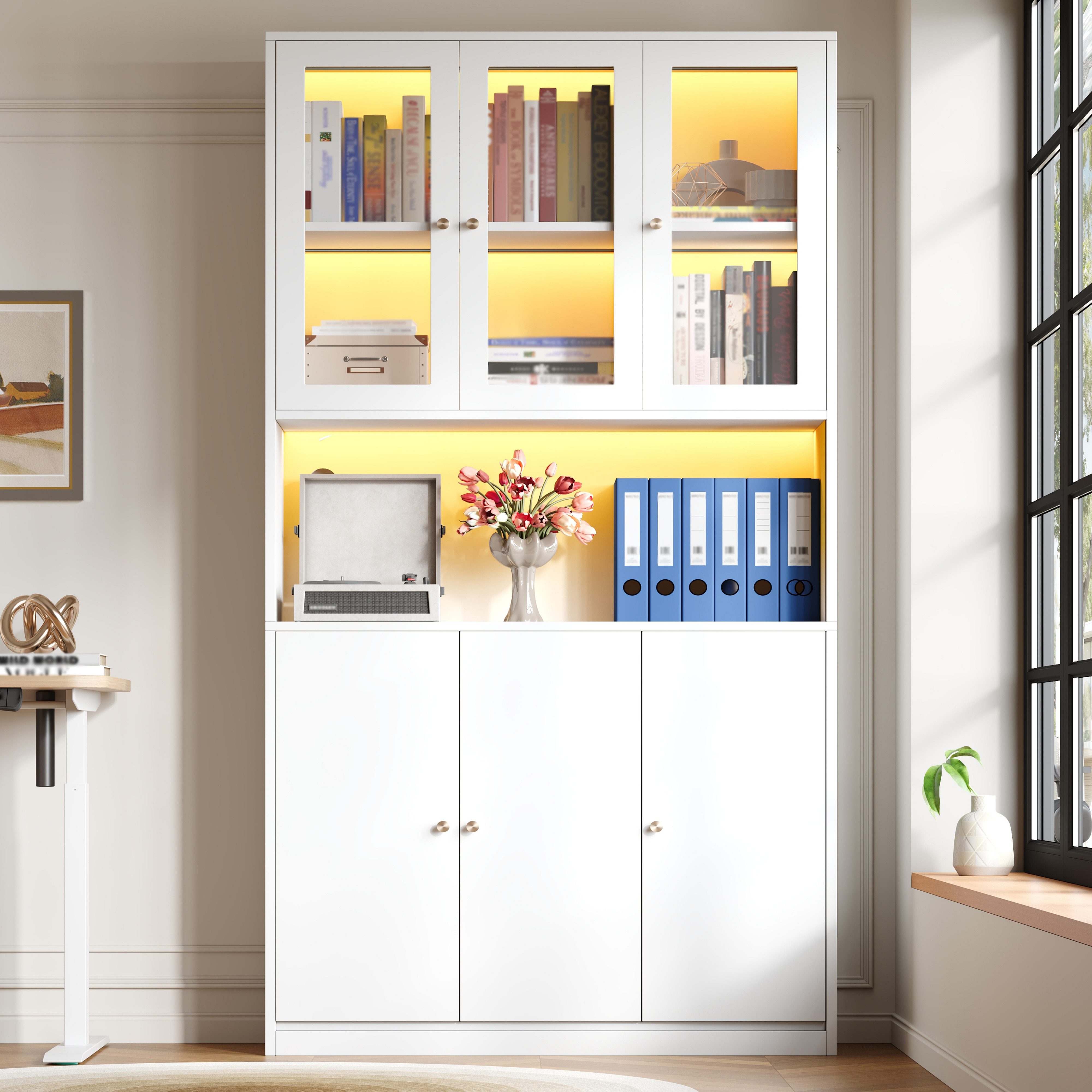 Celya Vitrine Bücherschrank 100×35×200 cm mit Glastüren und LED-Beleuchtung (für Ordner und Bücher, Weiß) Standregal mit Vitrine, offenem Fach und 3 Türen Aktenschrank