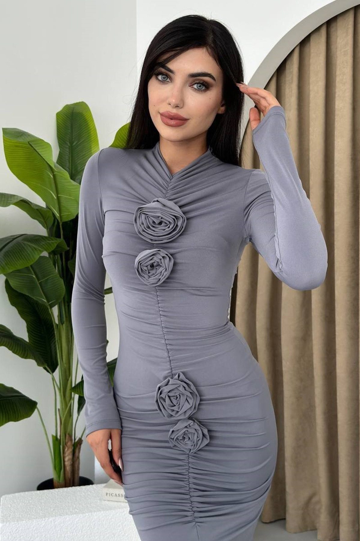 WOMAN VISION Abendkleid Blaues Sandy Stoff Gerafftes und Schlitz Detail Dam günstig online kaufen