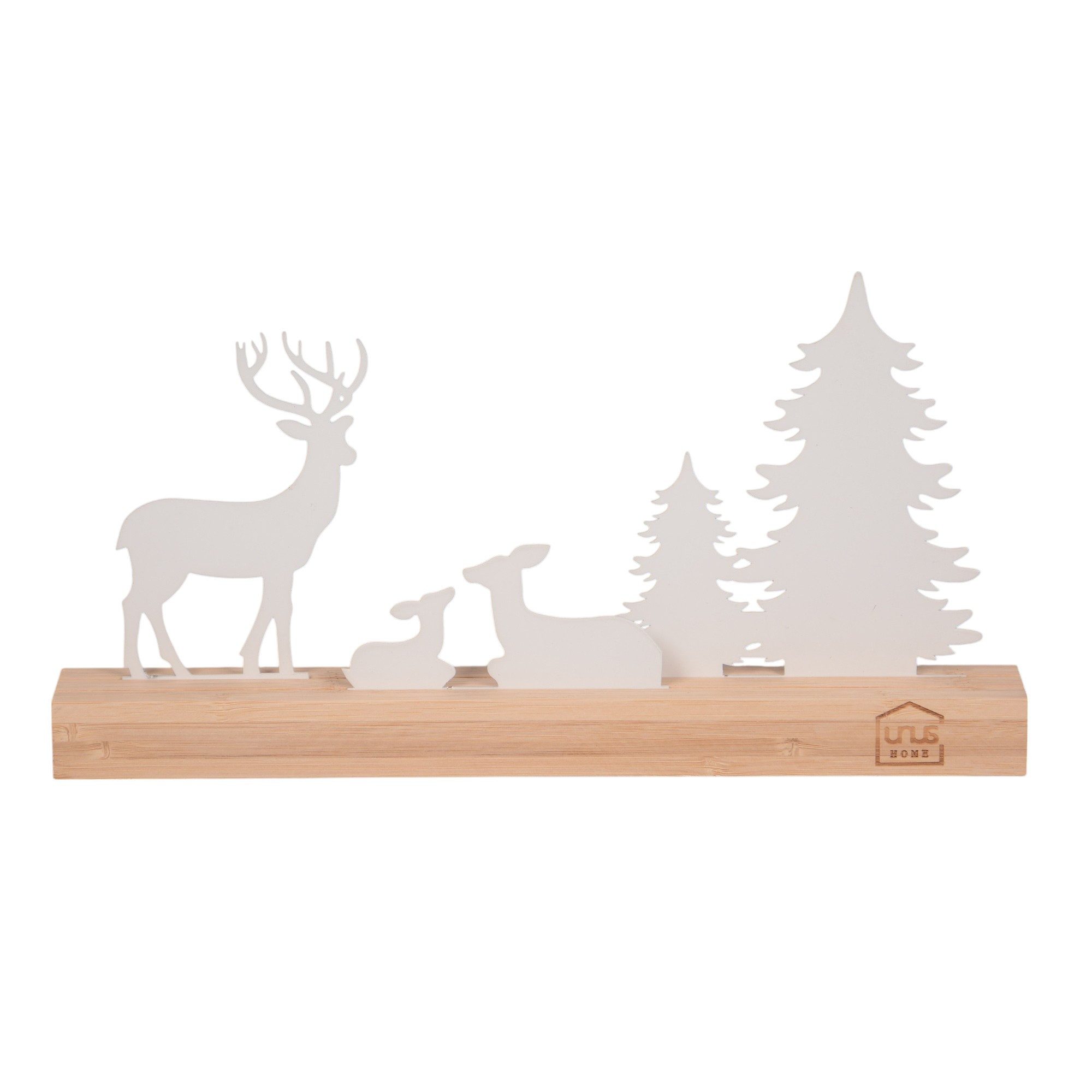 UNUS HOME Dekofigur Aufsteller Hirsch mit Bäumen in weiß, Winterlandschaft, Winterdeko, Weihnachtsdeko