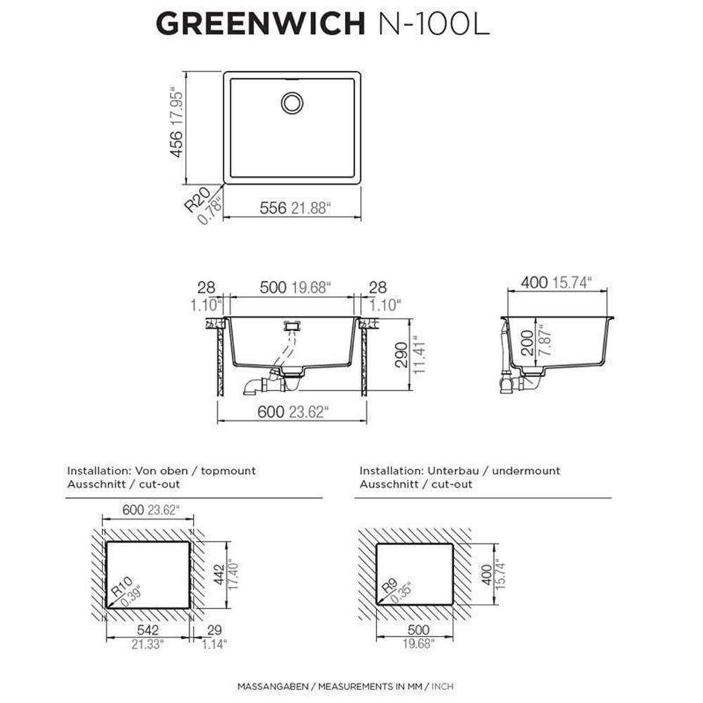 Cristadur U, cm Greenwich L N-100 55,6/45,6 Schock Silverstone SIL Granitspüle Unterbauspüle Schock