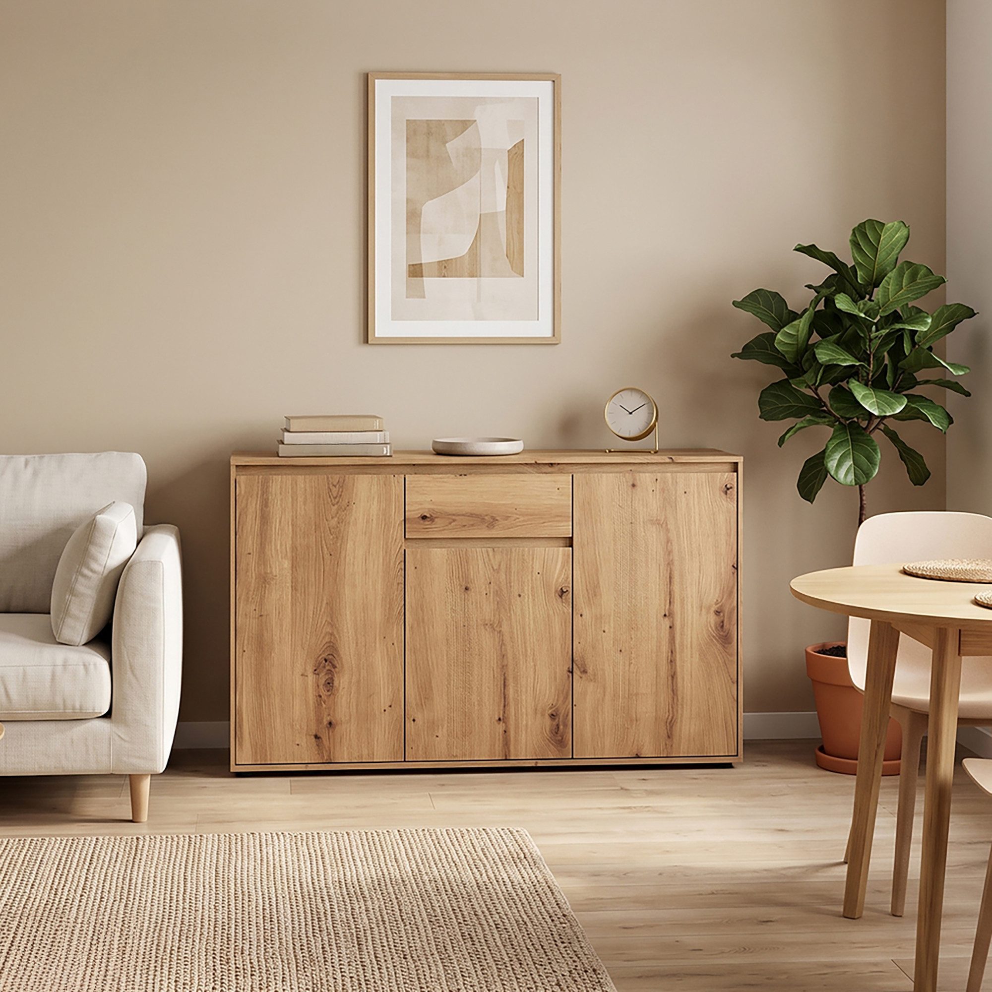 Lomadox Sideboard ZOLLINO-129, in Eiche, 137 cm breit mit 3 Türen & 1 Schublade