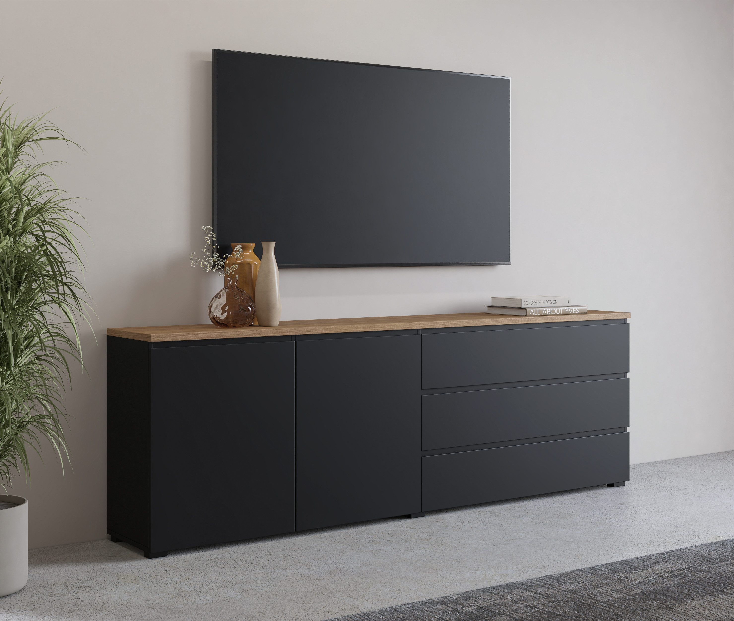 OTTO home Sideboard Modo, Breite 200 cm, moderne grifflose Kommode 2Türen/3 SK, Schubladenkommode mit viel Stauraum, Einlegeböden verstellbar