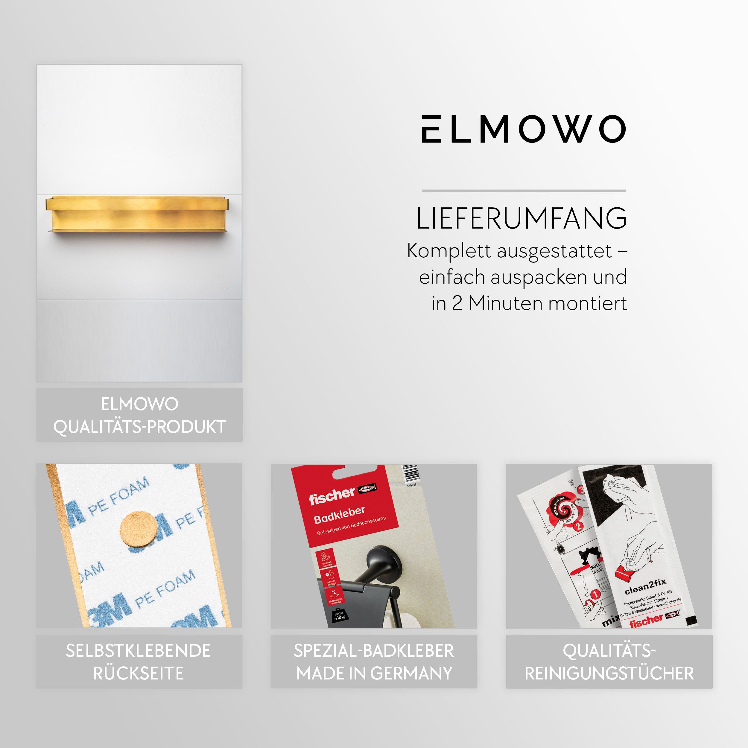 ELMOWO Handtuchregal ohne Bohren für 5 Handtücher - Edelstahl Regal hängend für Badezimmer, Handtuchhalter mit 3M-Klebefläche & Spezialkleber