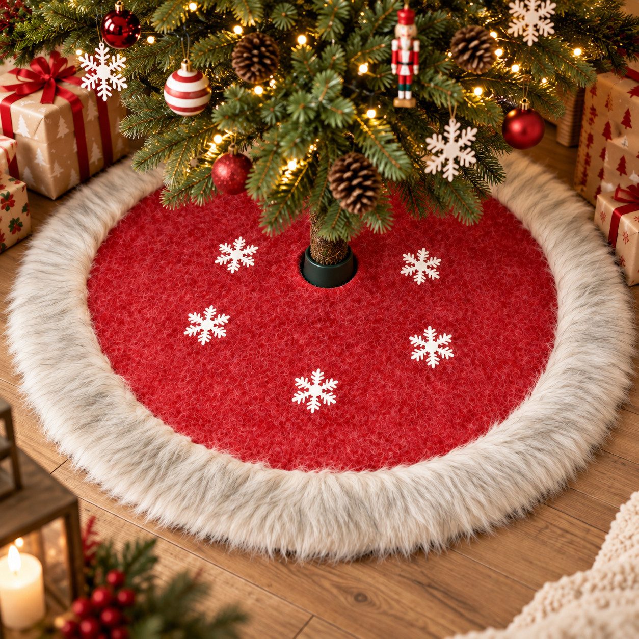 Eurofirany Weihnachtsbaumdecke HOLLY, Ø 100 cm Rot mit Kunstfellrand und Schneeflocken – Christbaumdecke