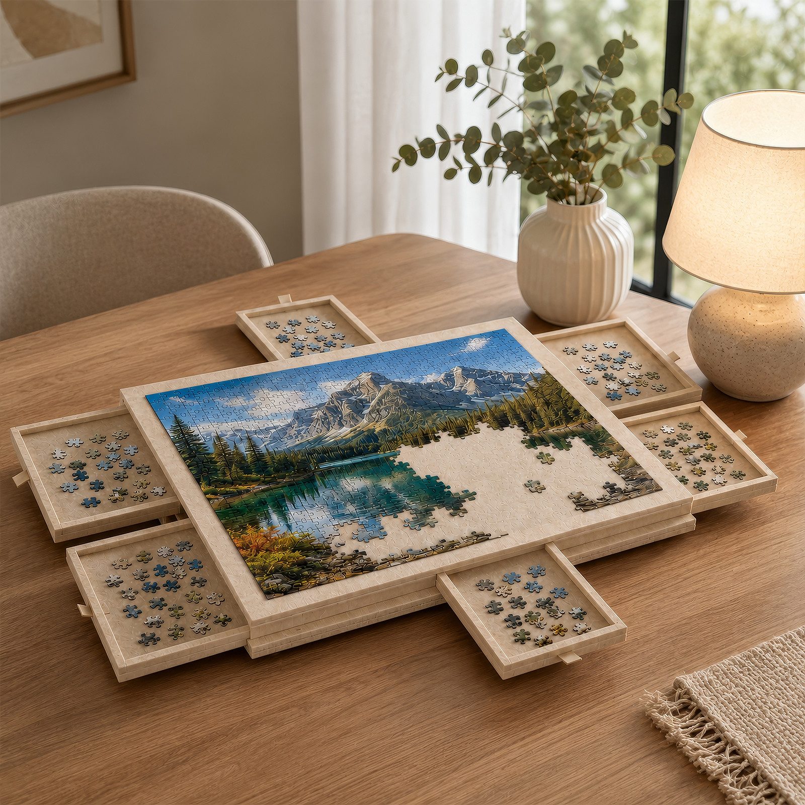 BlingBin Puzzleunterlage Filz Puzzlebrett 1000 Teile mit 6 Schubladen, klappbar, (2-in-1 Puzzlematte mit Ständer & Abdeckung, 1-tlg., 1tlg, 77 x 53,6 x 4,2 cm), Leicht & tragbar für Erwachsene & Kinder