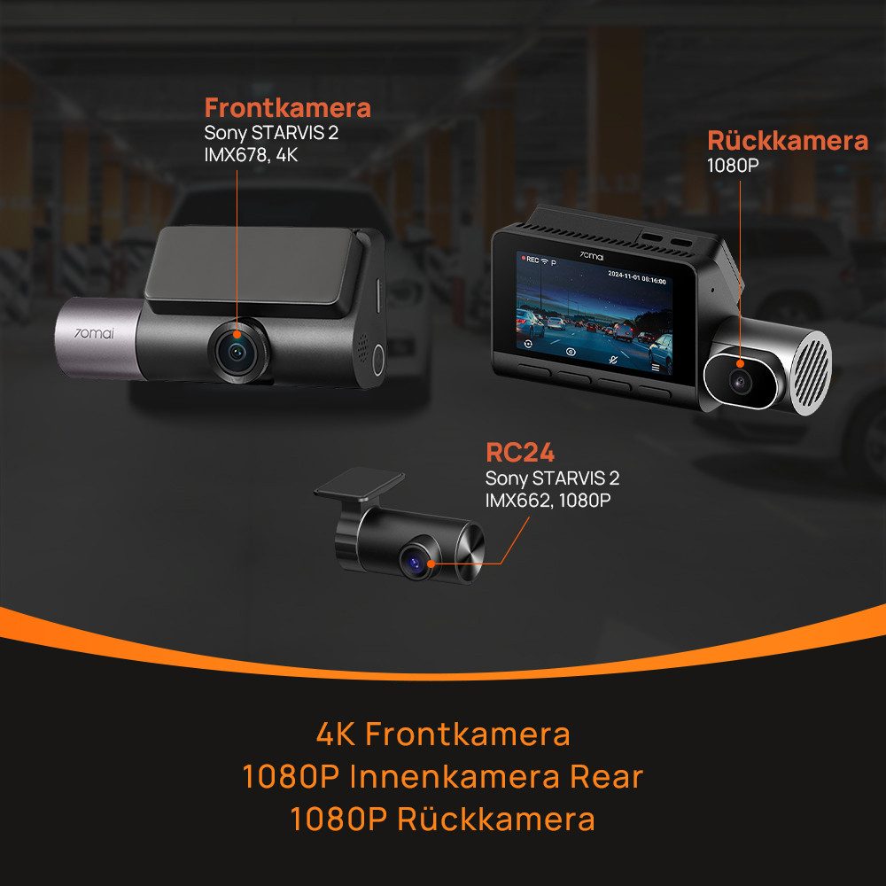 70mai T800-2 3-Kanal 4K + 1080P +1080P Dashcam (4K Ultra HD, Dashcam Auto Vorne Hinten Innen mit 216GB SD Karte, Superkondensator, Super Nachtsicht, G-Sensor, HDR, GPS)
