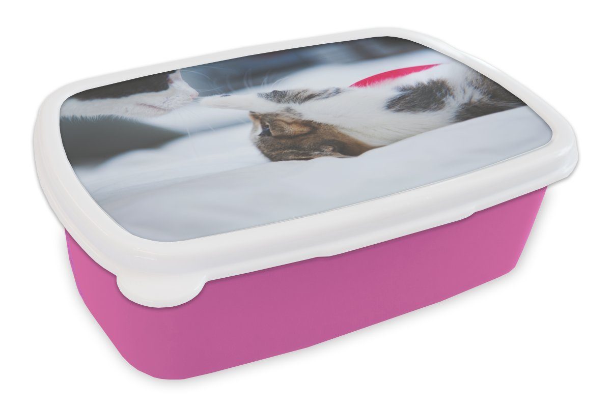 MuchoWow Lunchbox Katze - Kätzchen - Bettlaken, Kunststoff, (2-tlg), Brotbox für Erwachsene, Brotdose Kinder, Snackbox, Mädchen, Kunststoff rosa | Lunchboxen